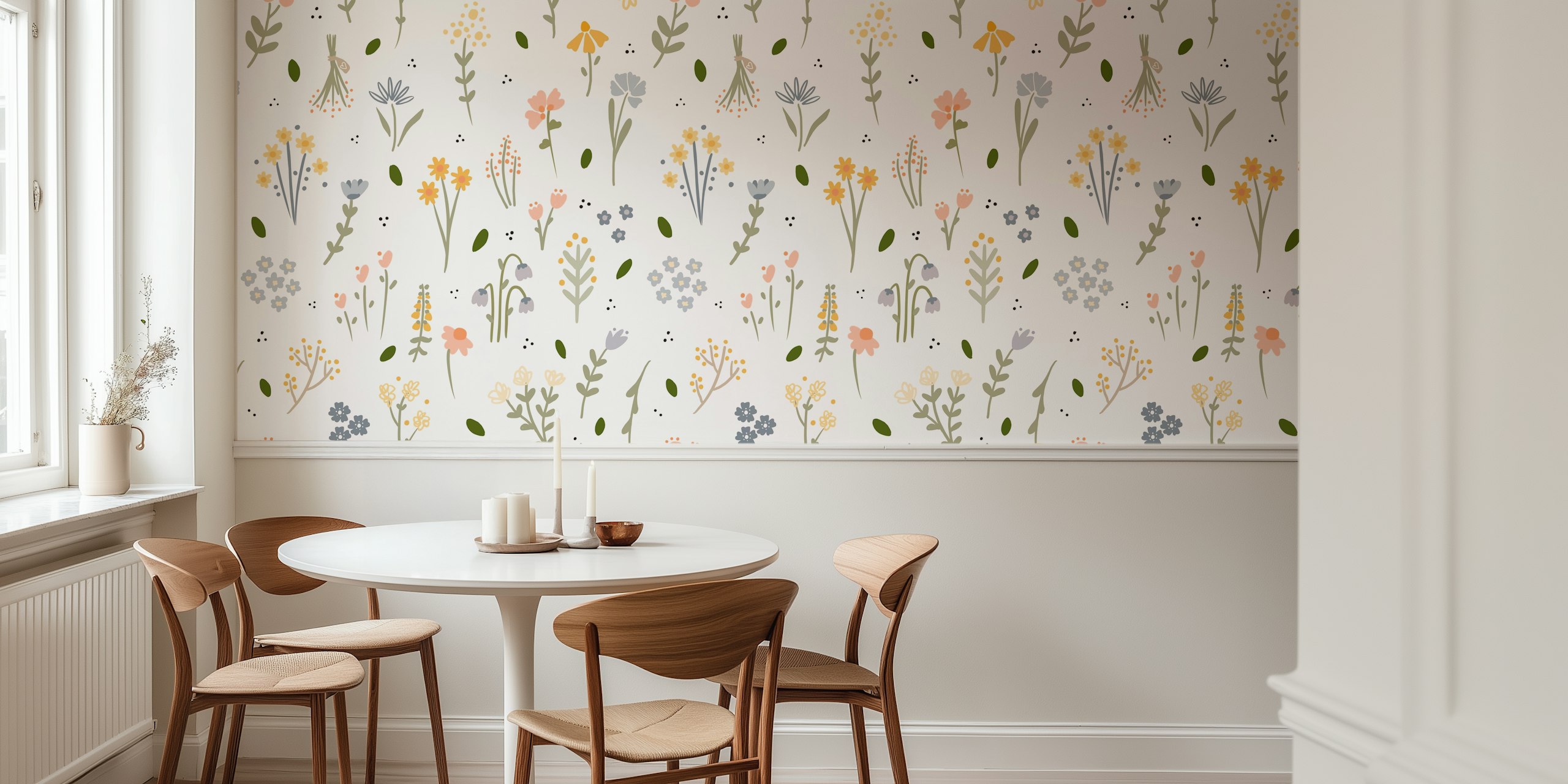 Mural de pared Wildflower Fields con flores silvestres en colores pastel y follaje sobre un fondo claro
