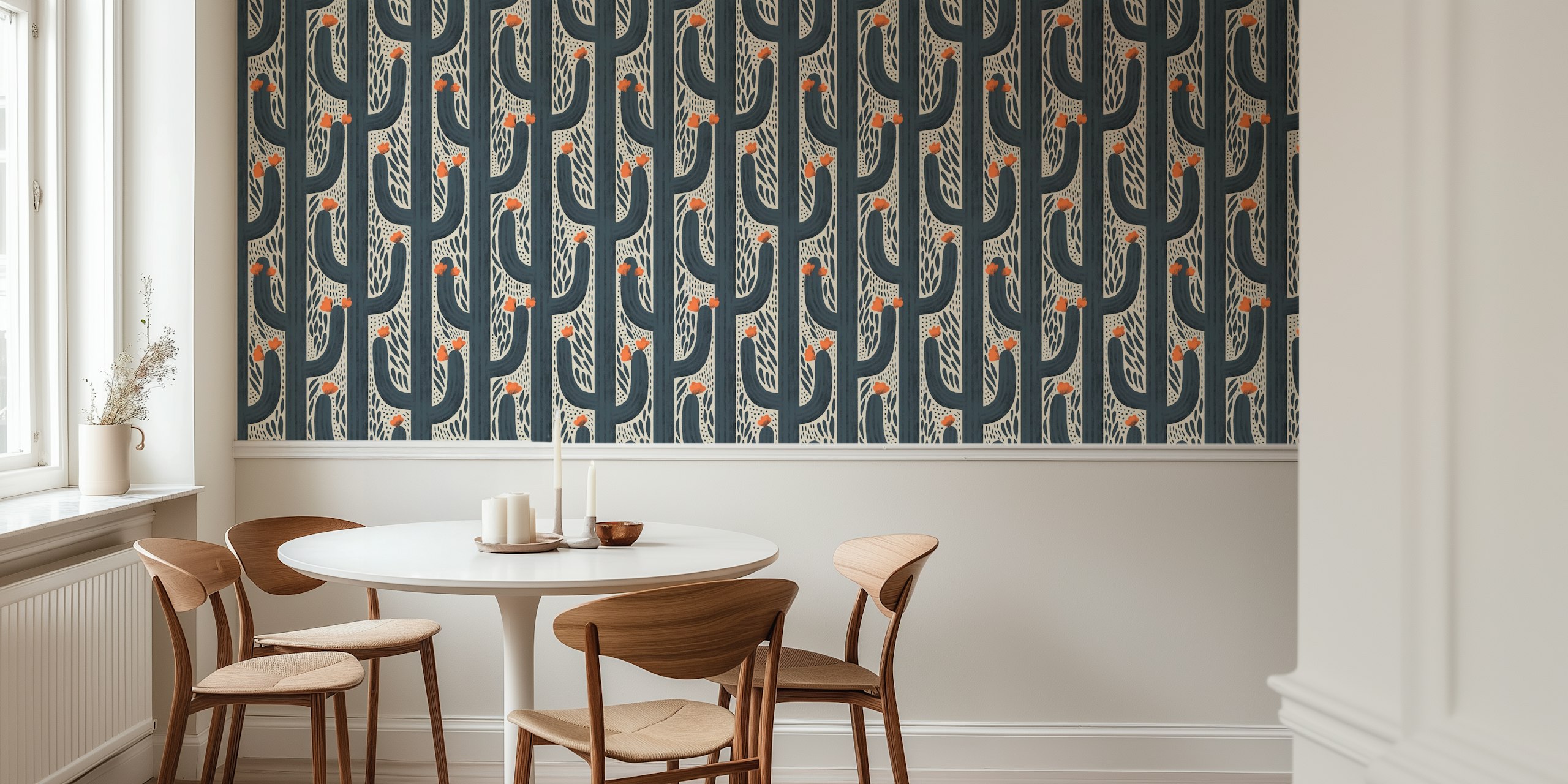 Navy background with orange cactus flowers in a modern pattern wallpaper