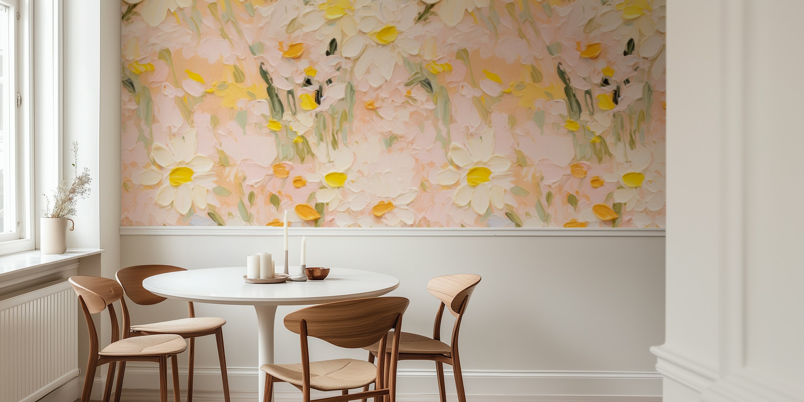 Soft pink pastel wall mural with daisy flowers painting