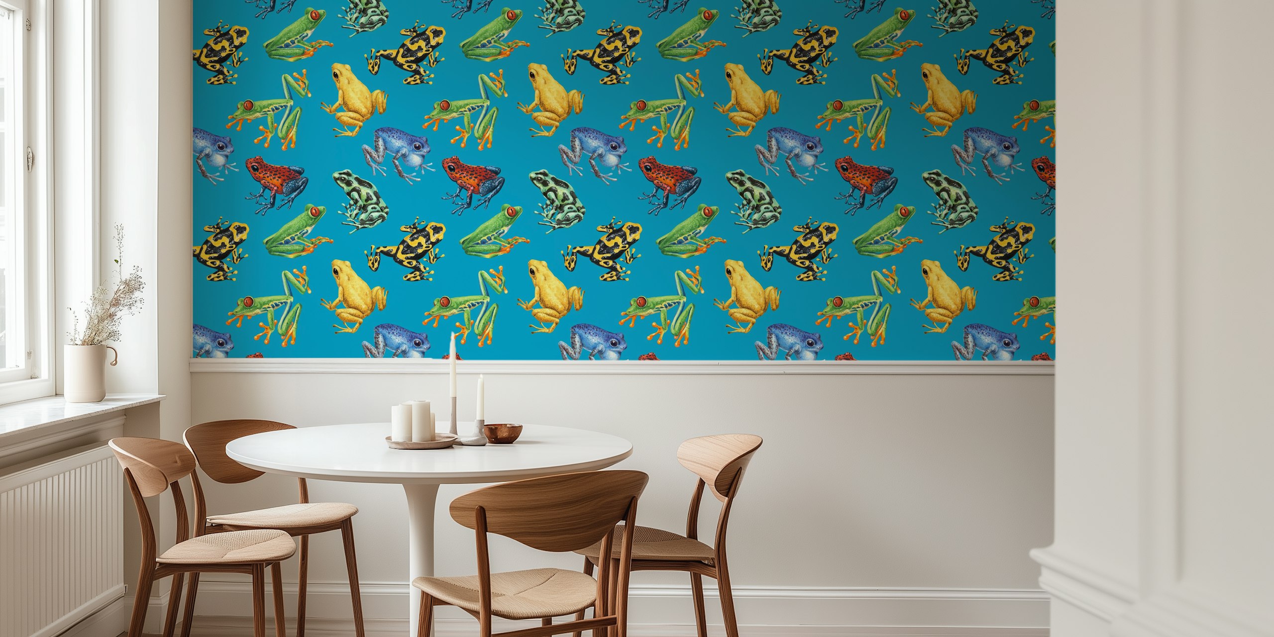 Frogs on blue wallpaper in a room