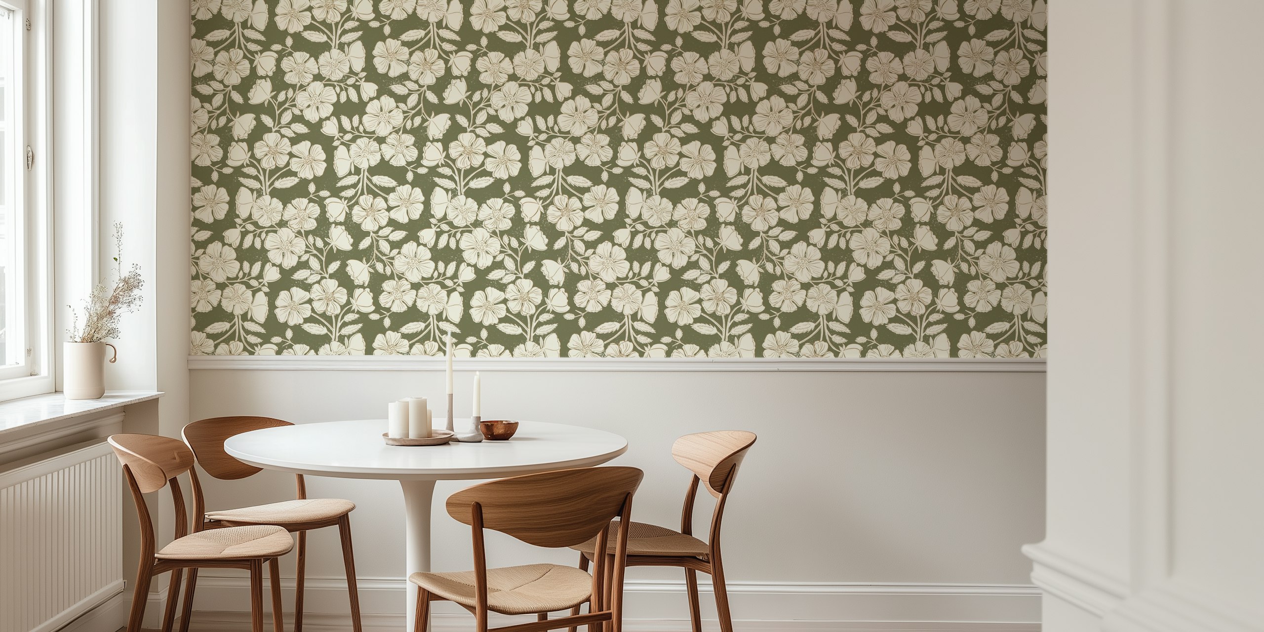 Wild rose block print wallpaper in a room