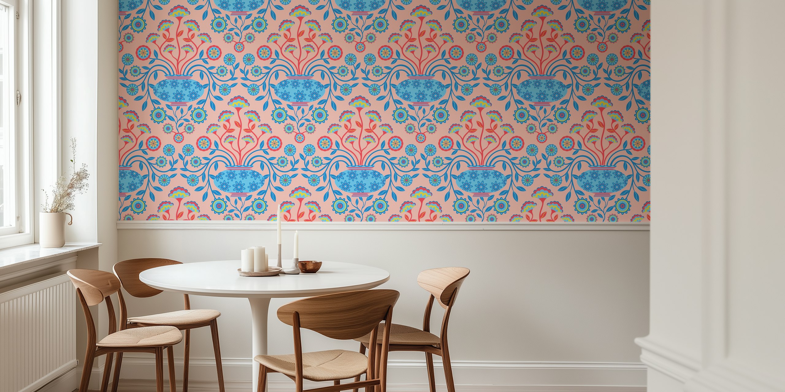 Dreamy damask pink cottage floral wallpaper design