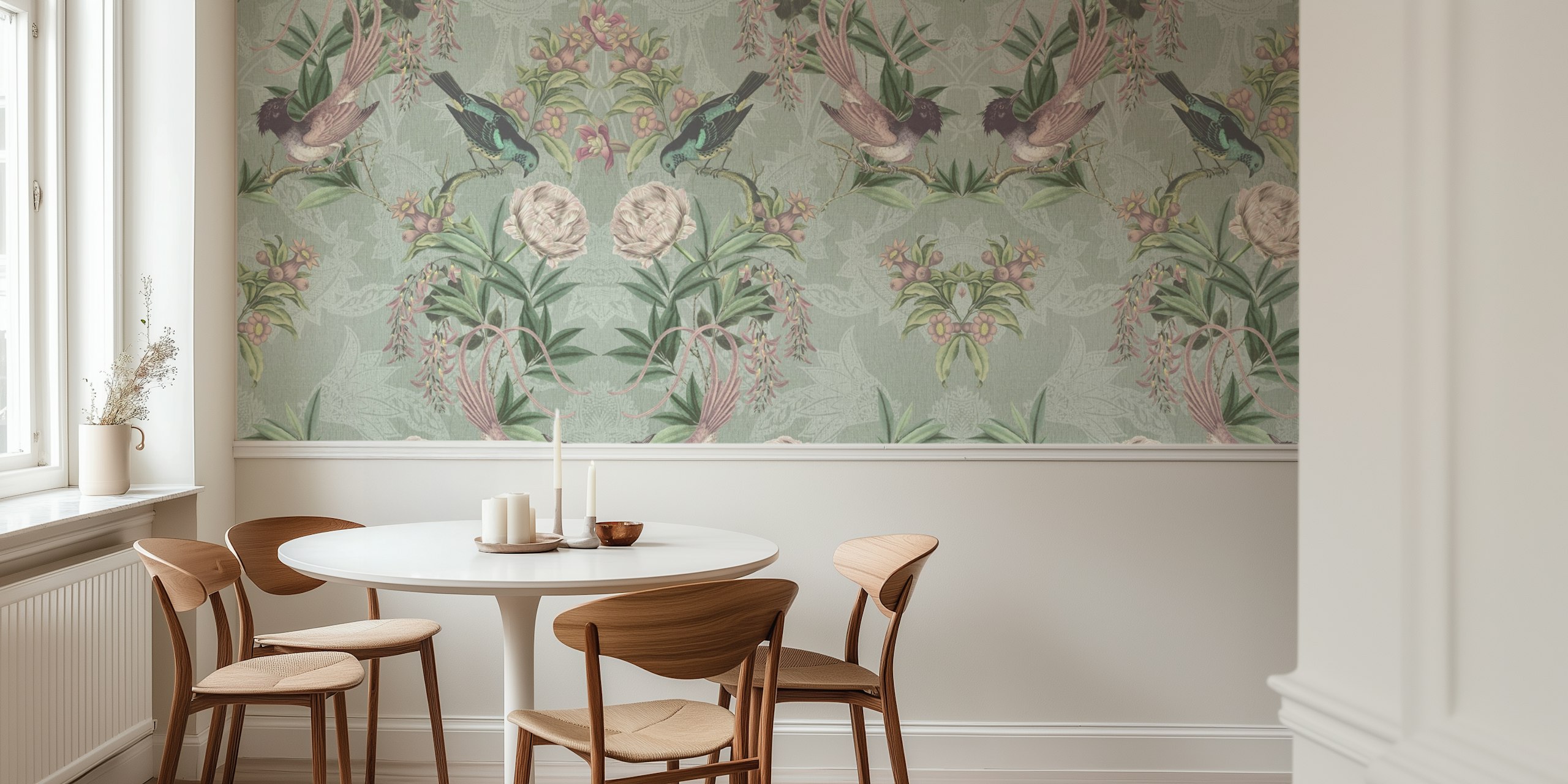 Heritage birds and floral damask tapet i et rom