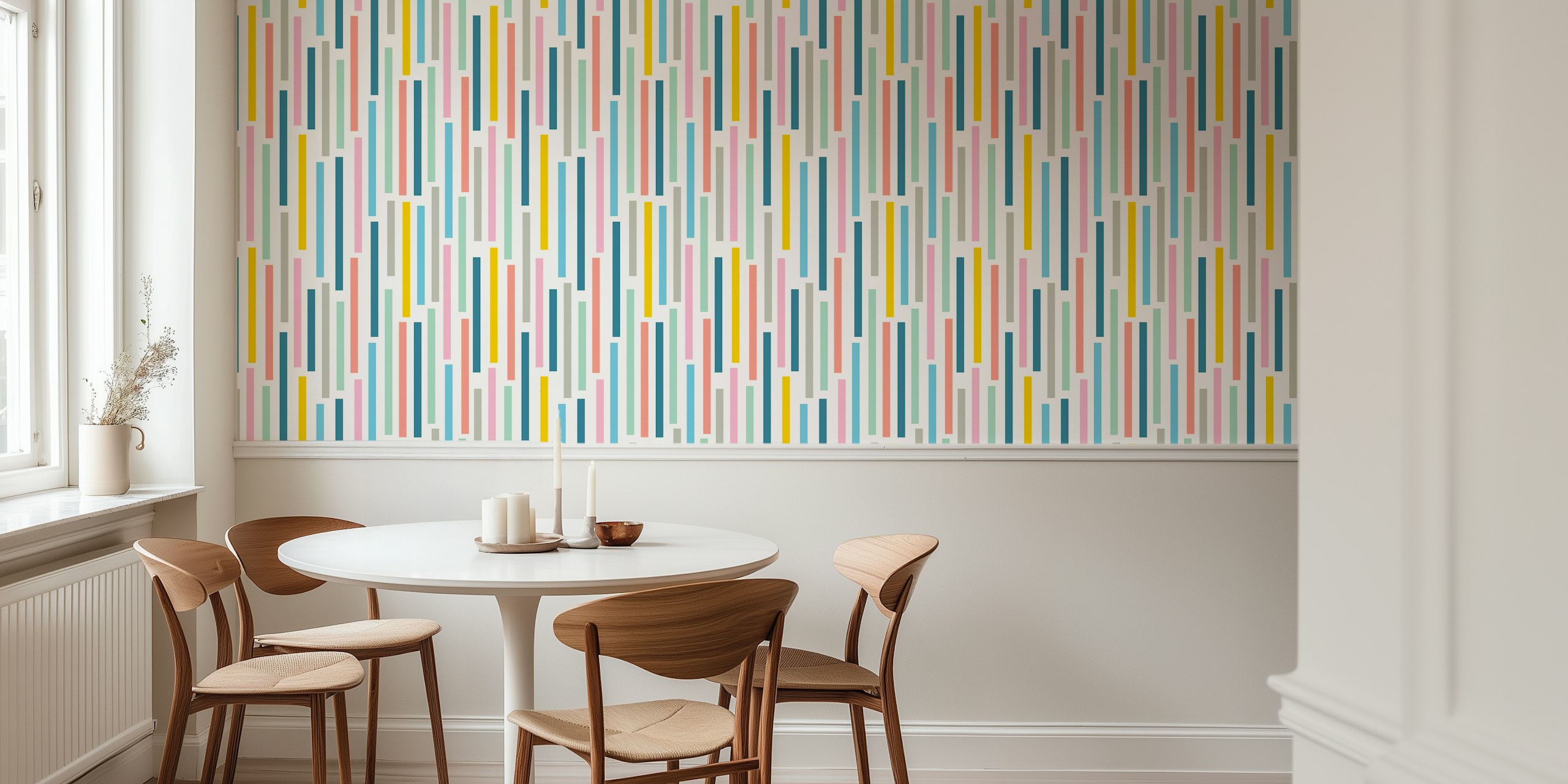 Geometric vertical stripes in pastel colors on cream wallpaper