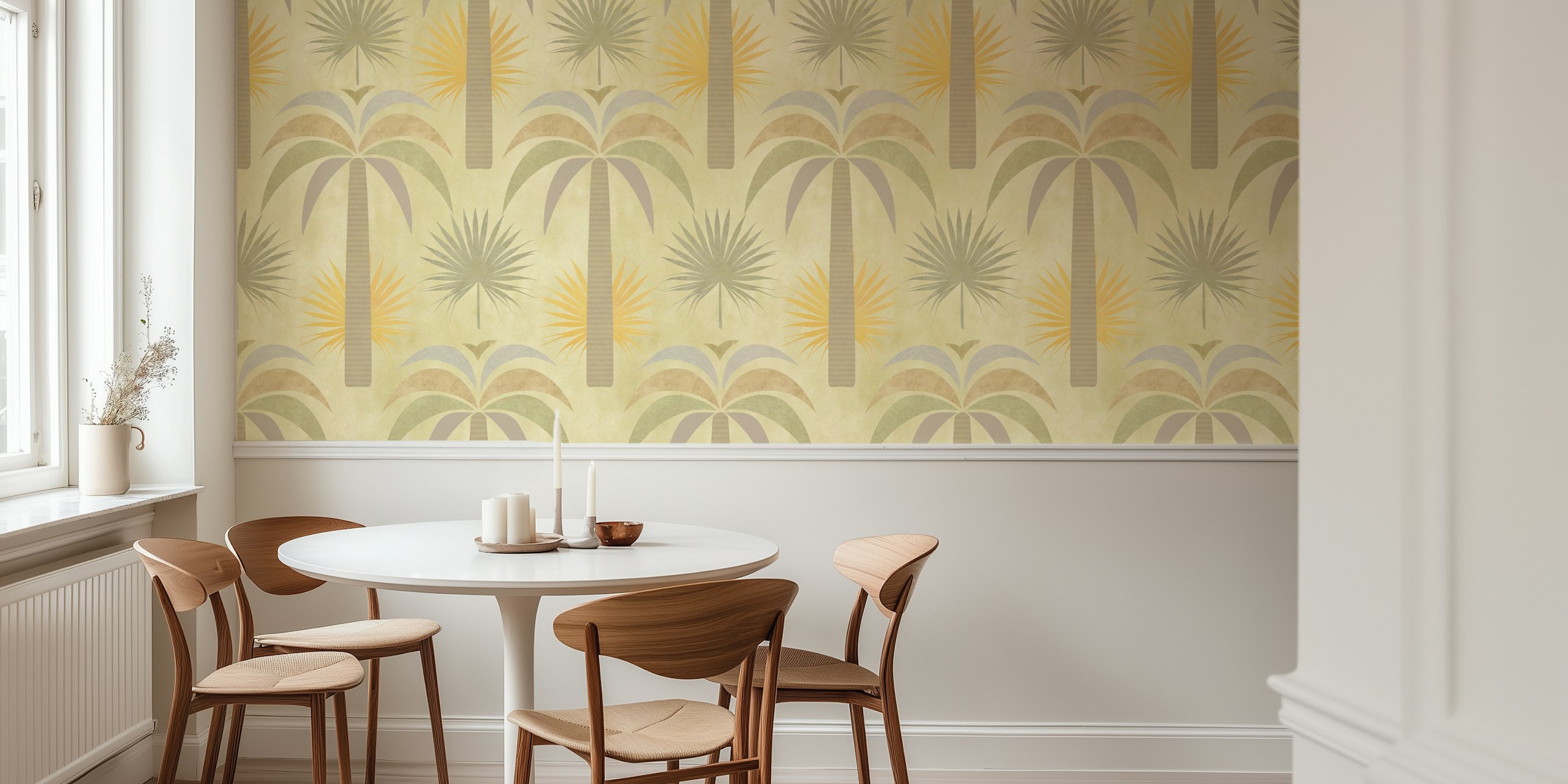 Tropical palm trees in soft green and yellow wallpaper