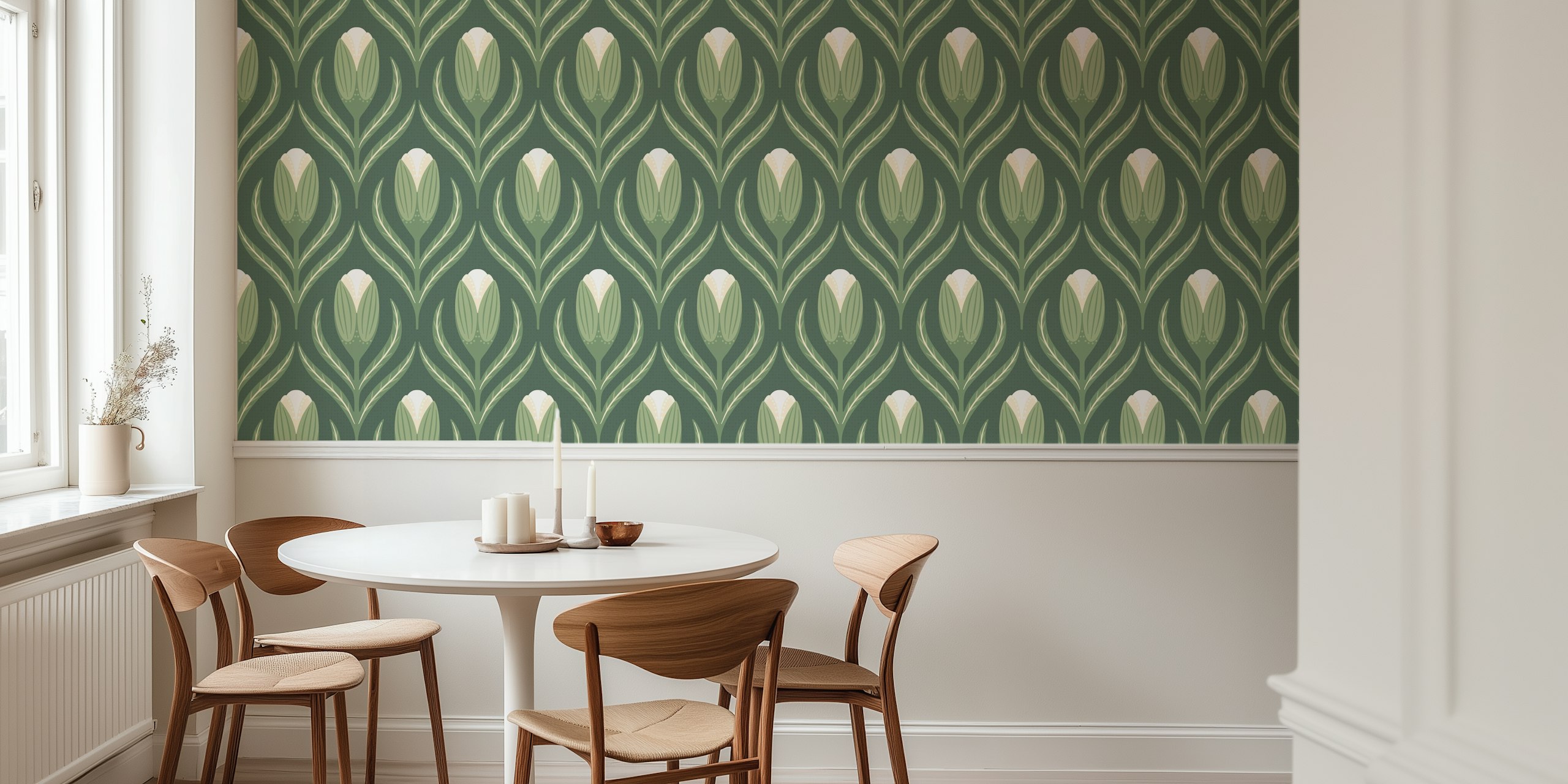 Natural flowers wallpaper em fundo sage green