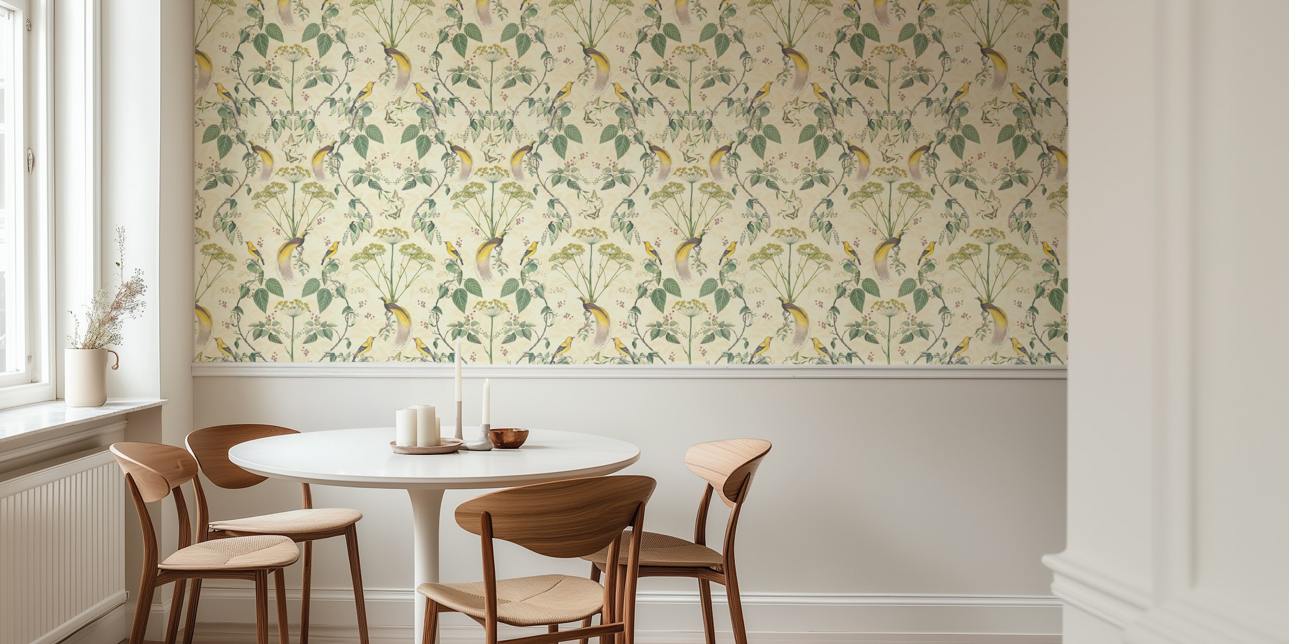 Vintage birds and floral damask pattern wallpaper in soft colors.