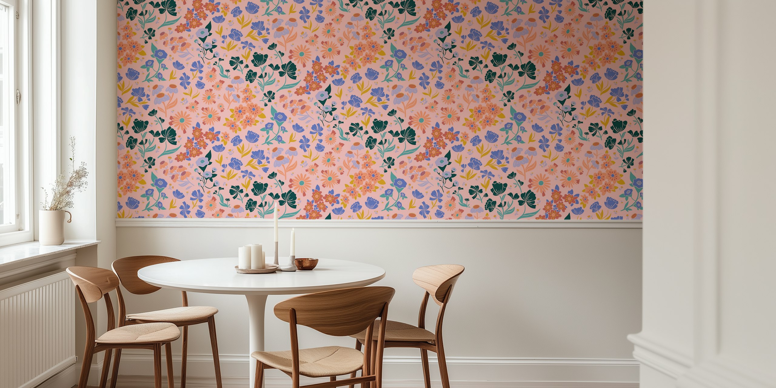 Colorful wildflowers in pink background floral wallpaper