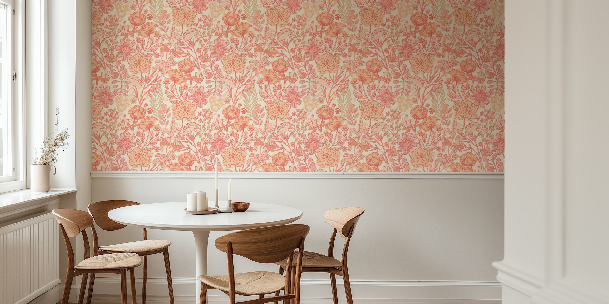 Peach floral pattern with leaves in pastel tones wallpaper