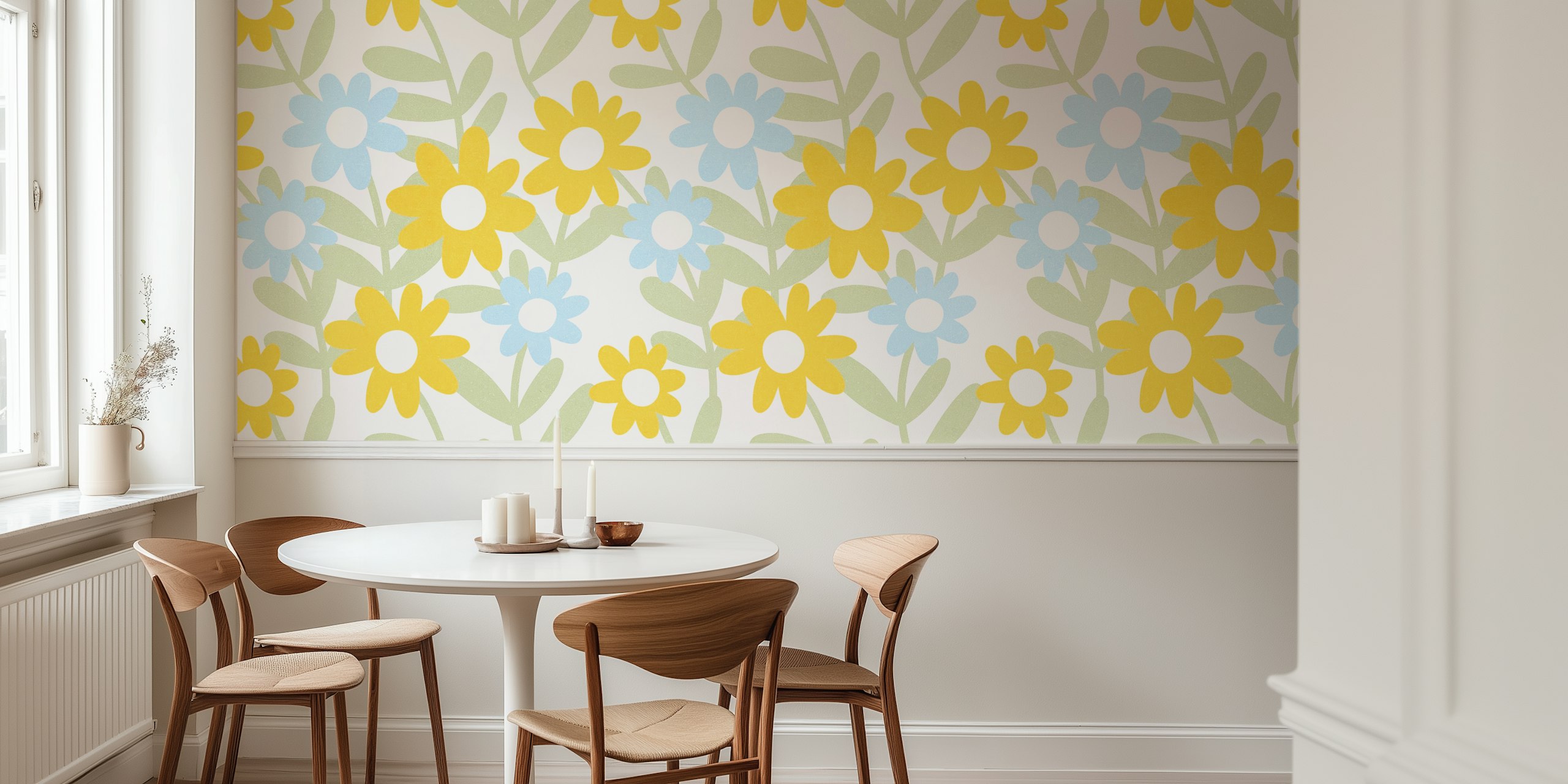 Blue and yellow floral pattern on white background wallpaper