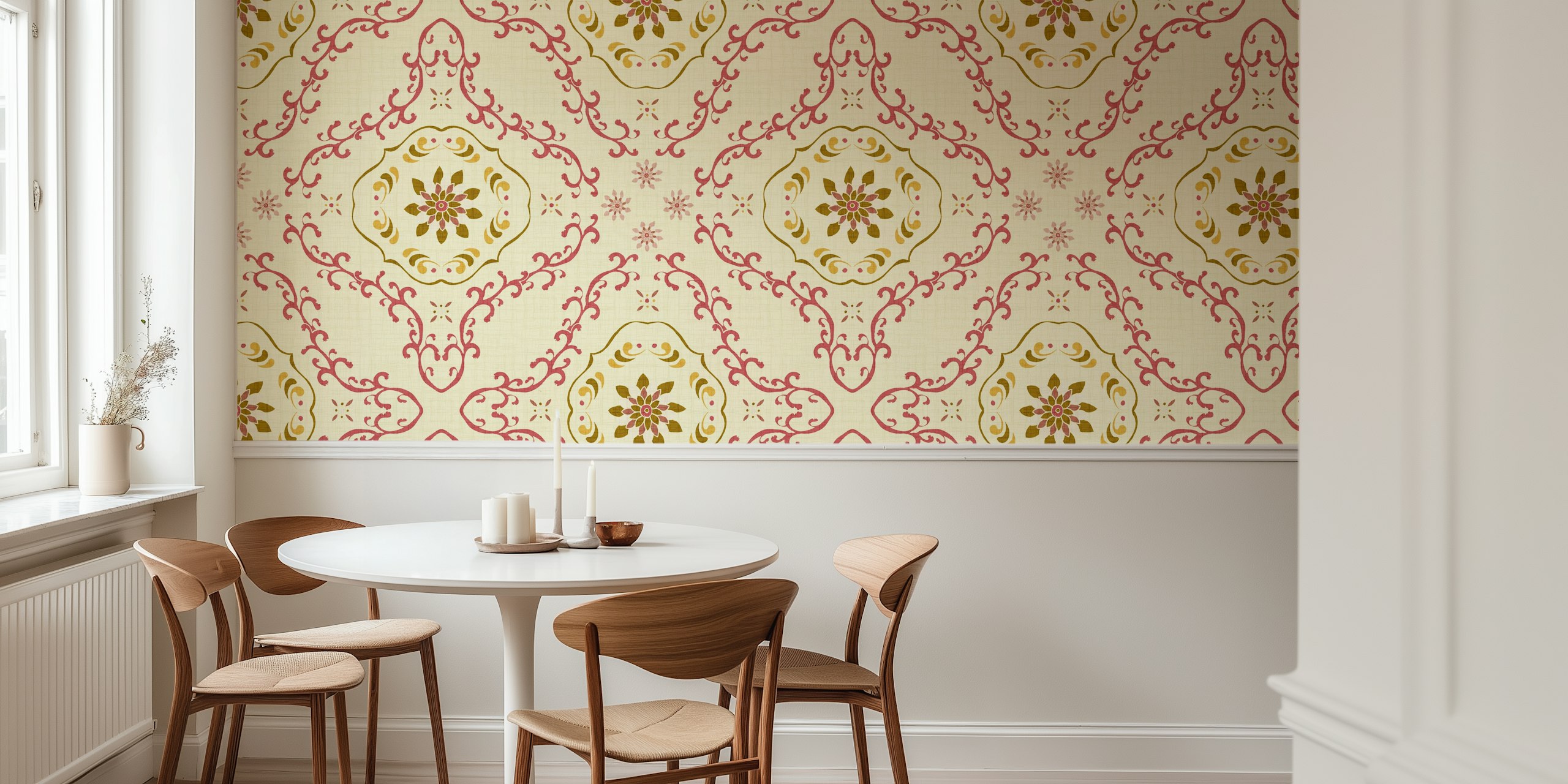 Vintage-inspired wall mural of floral tiles in pink and gold tones with olive accents on a cream background