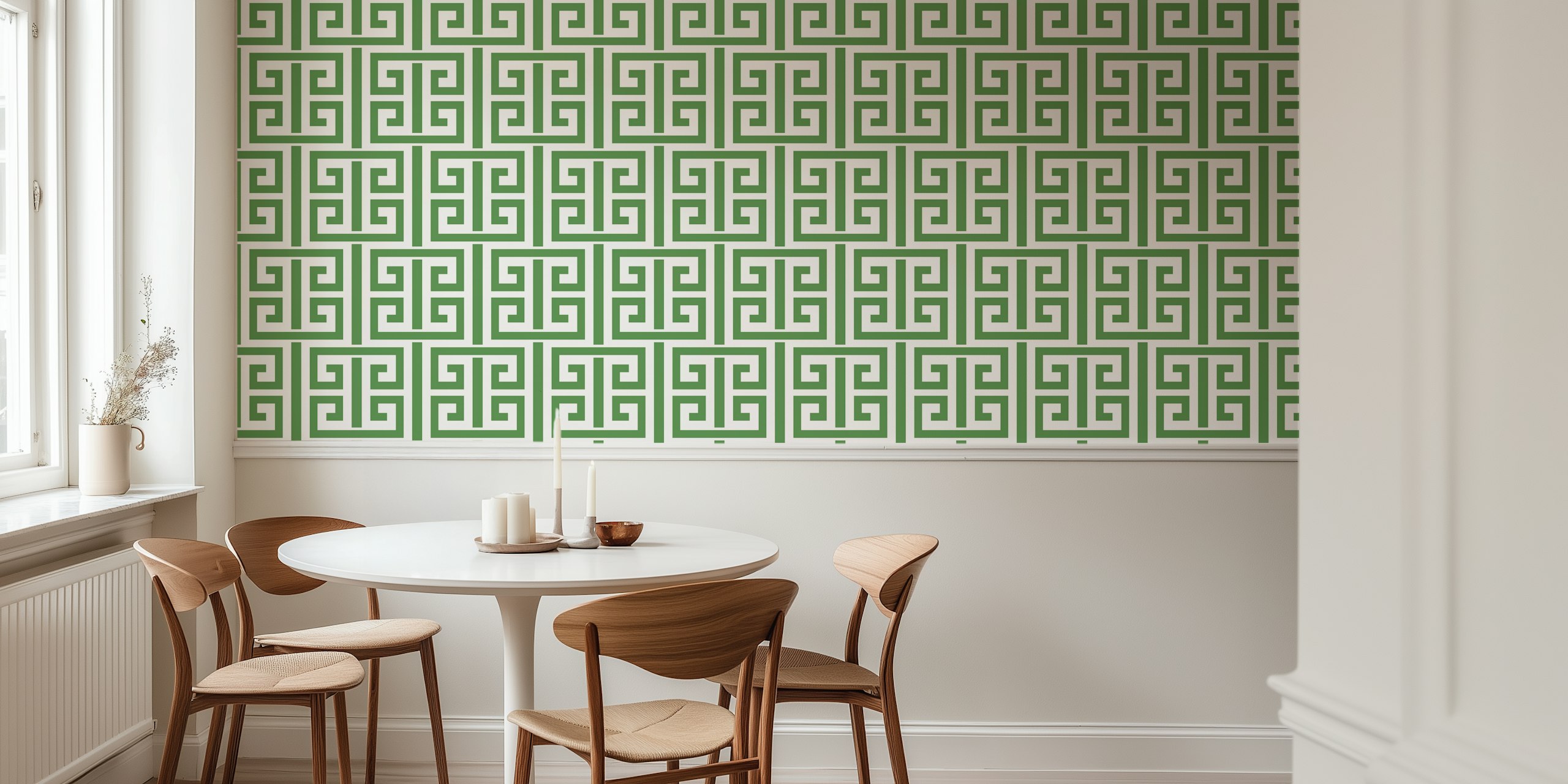Vihreä ja kerma Greek Key Geometric tapetti