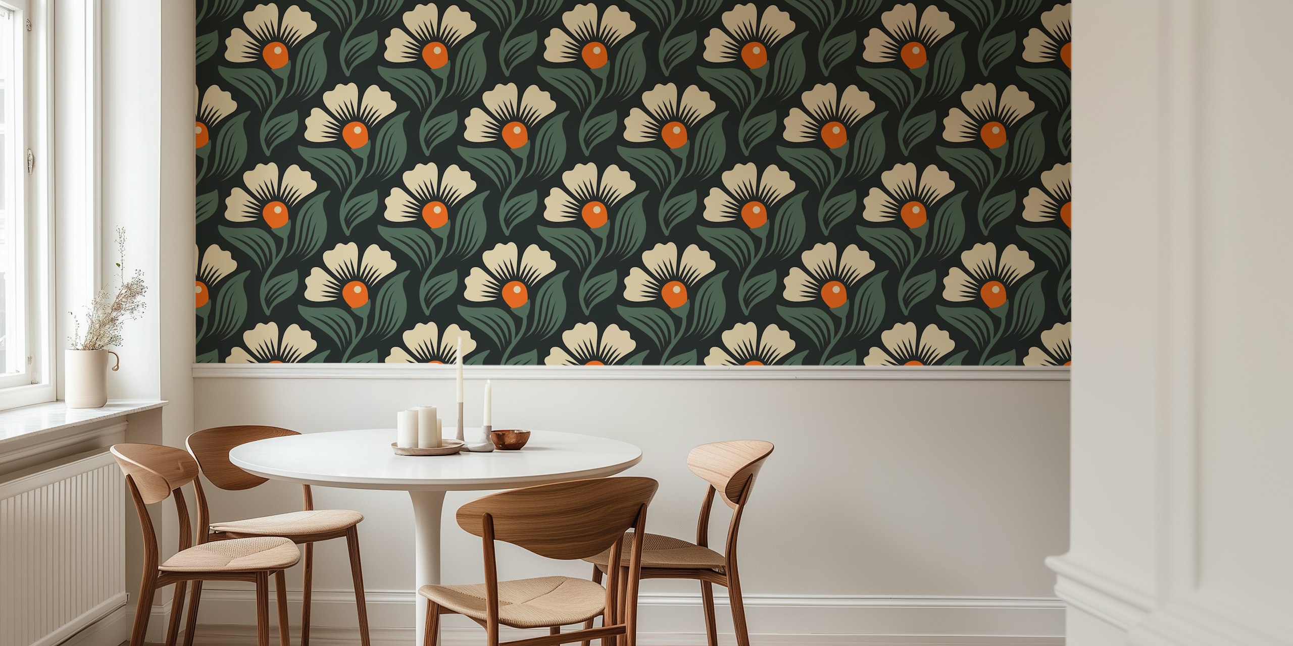 Hand drawn blossoms pattern wallpaper in a room