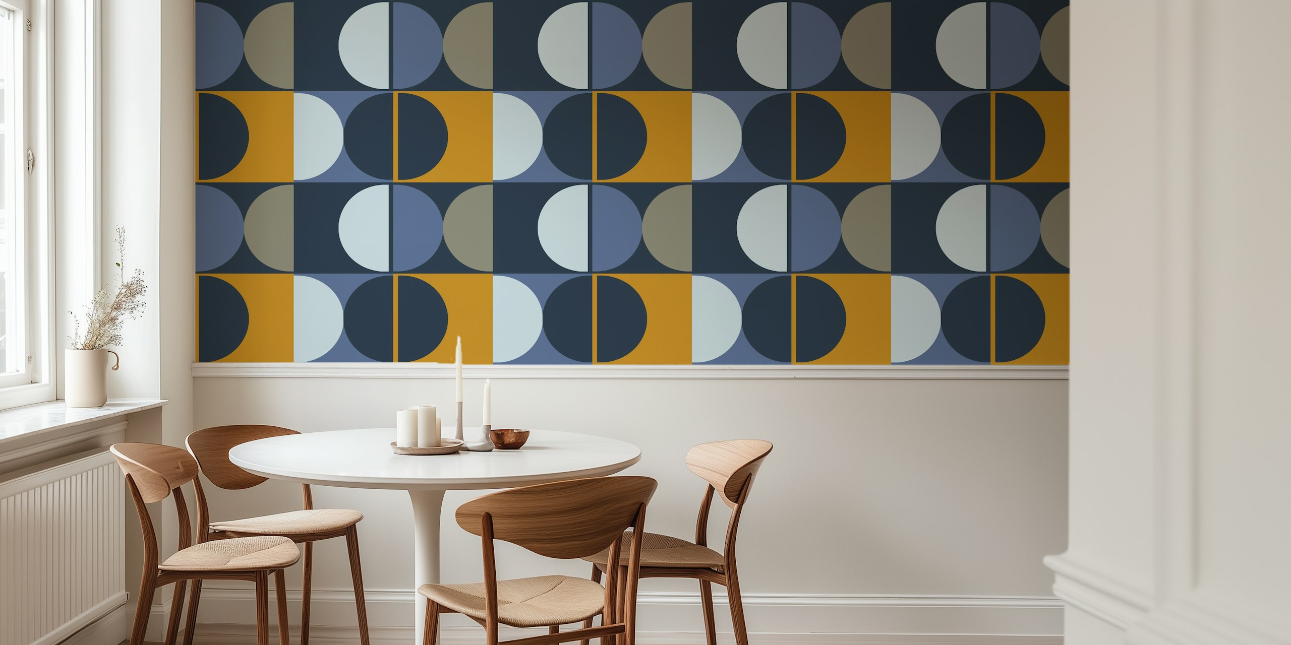 Geometric wallpaper featuring blue and gold circles in modern design