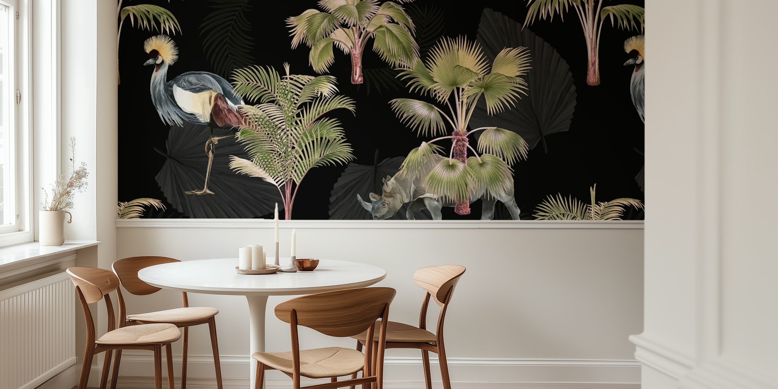 Exotic animals and palm trees on a dark background wall mural