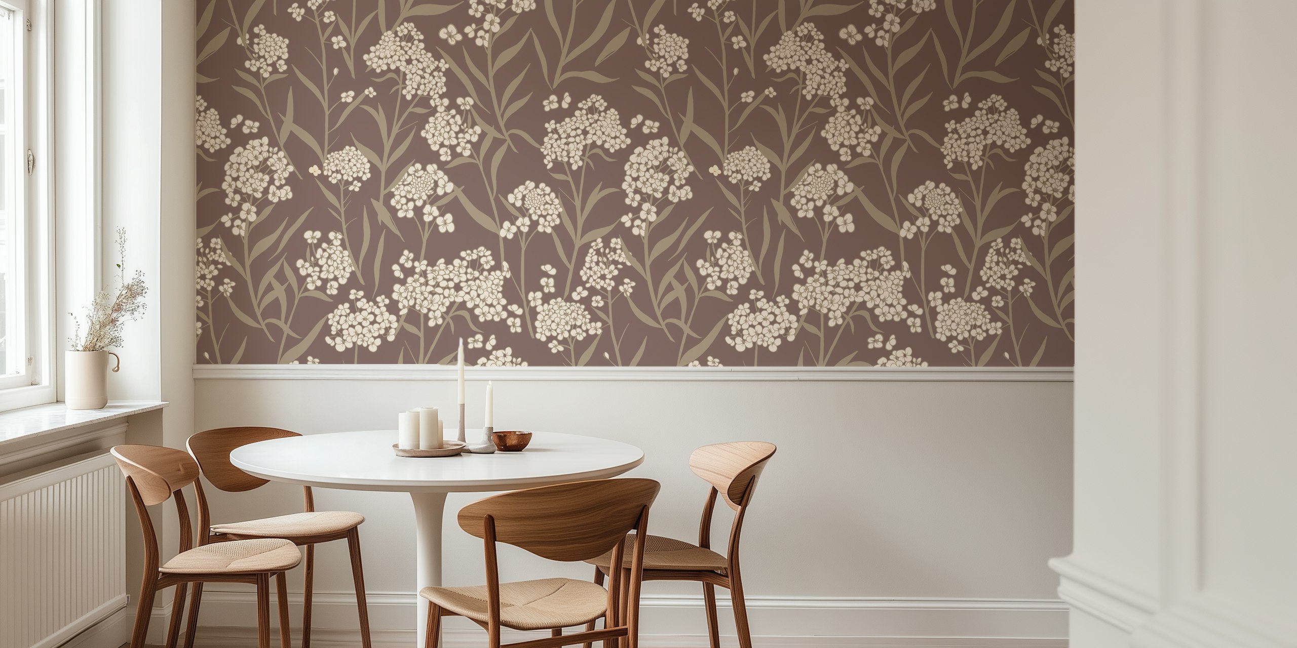 Floral design in neutral colors with taupe background wallpaper