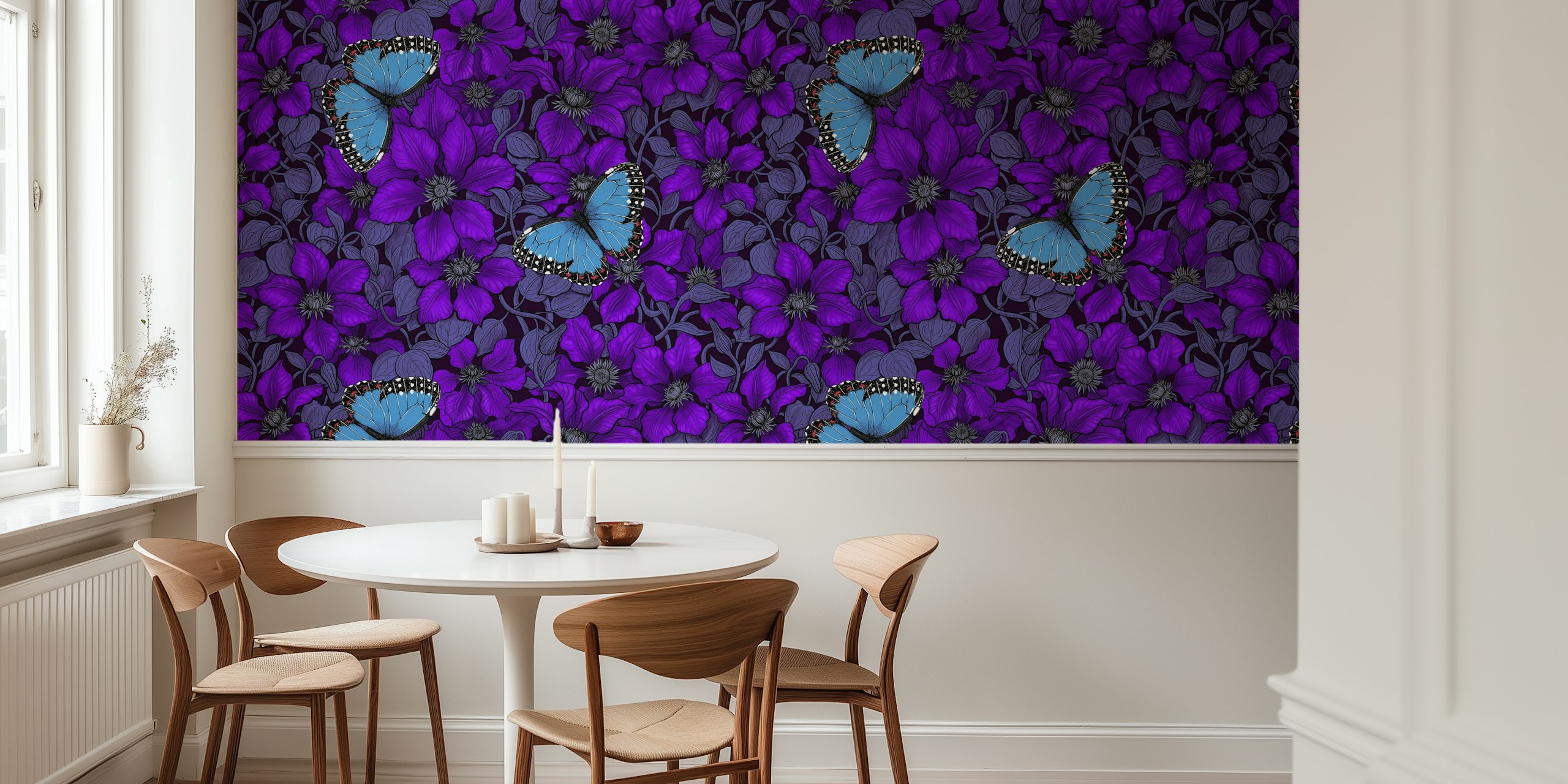 Purple clematis flowers and blue morpho butterflies wallpaper
