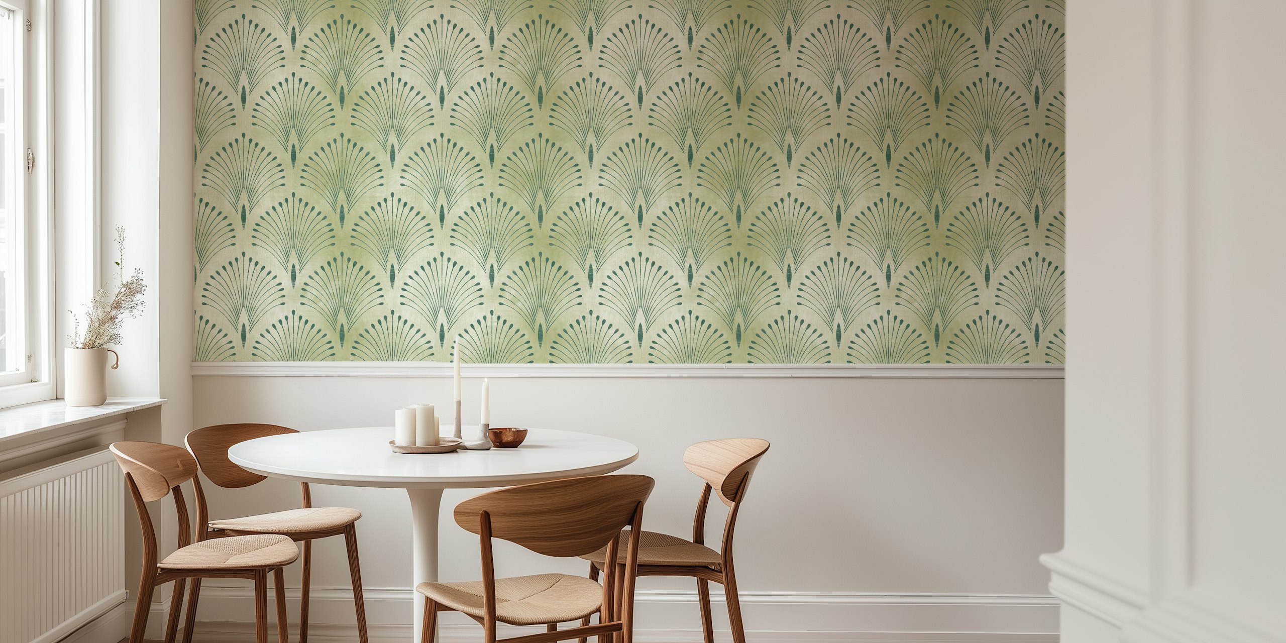 Geometric fan pattern in green on cream background wallpaper