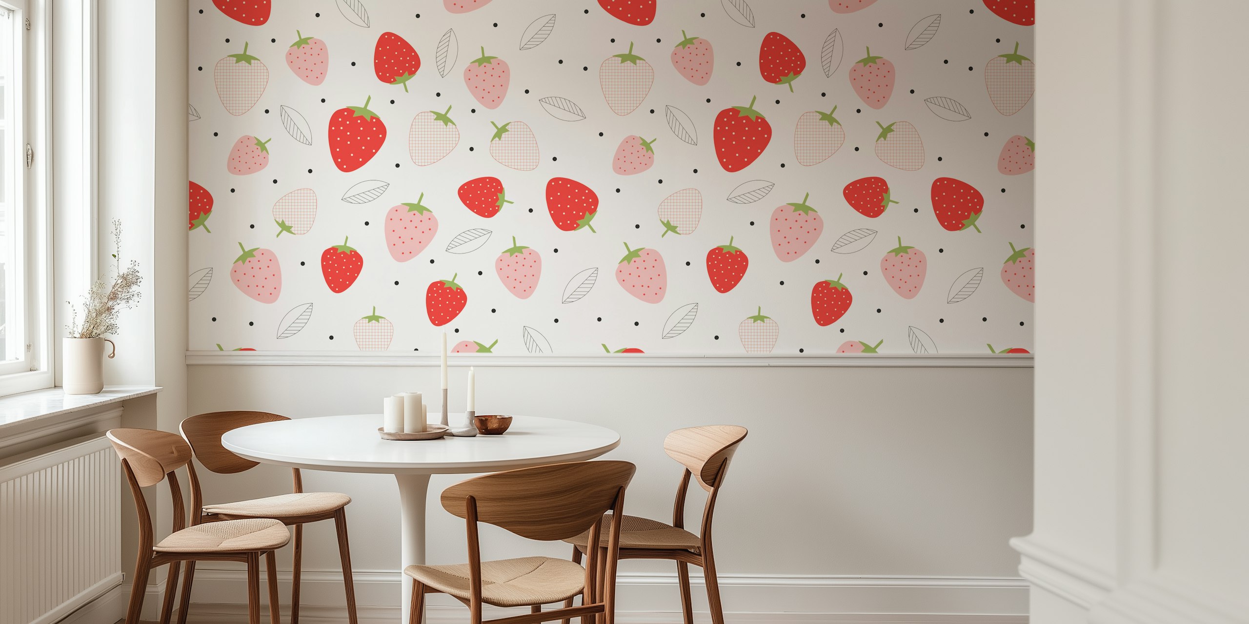 Red and pink strawberries with leaves on cream background wallpaper