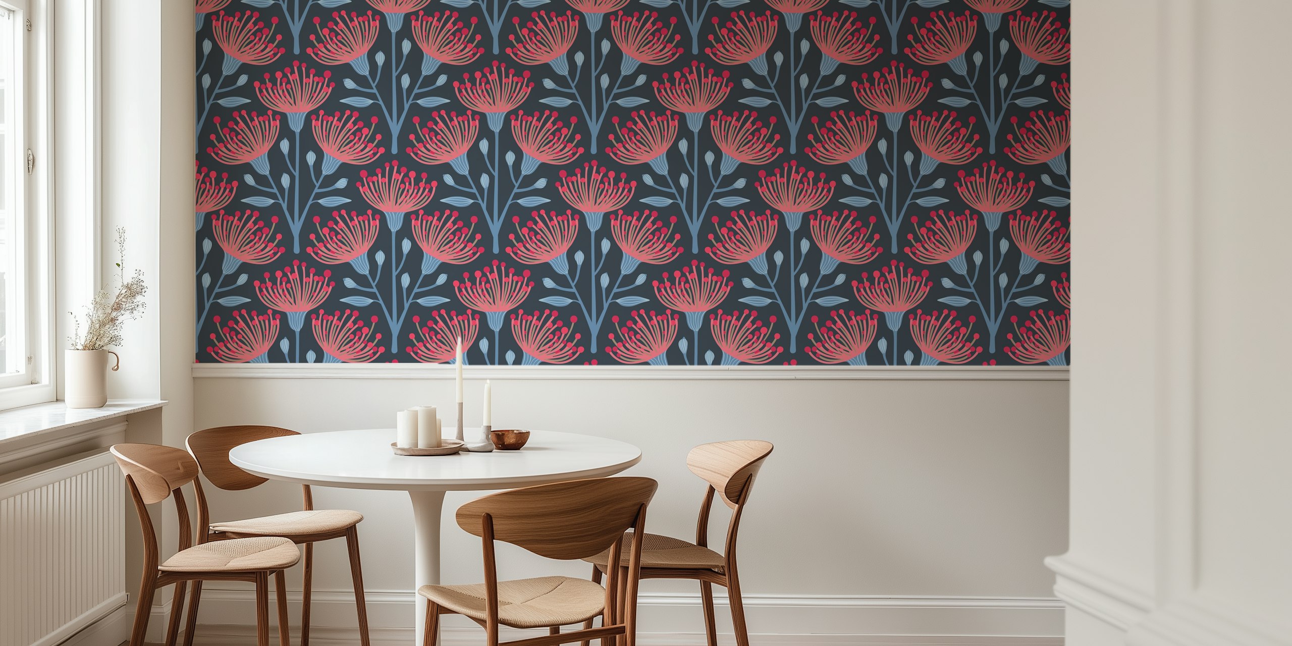 Pink floral eucalyptus pattern on navy blue wallpaper