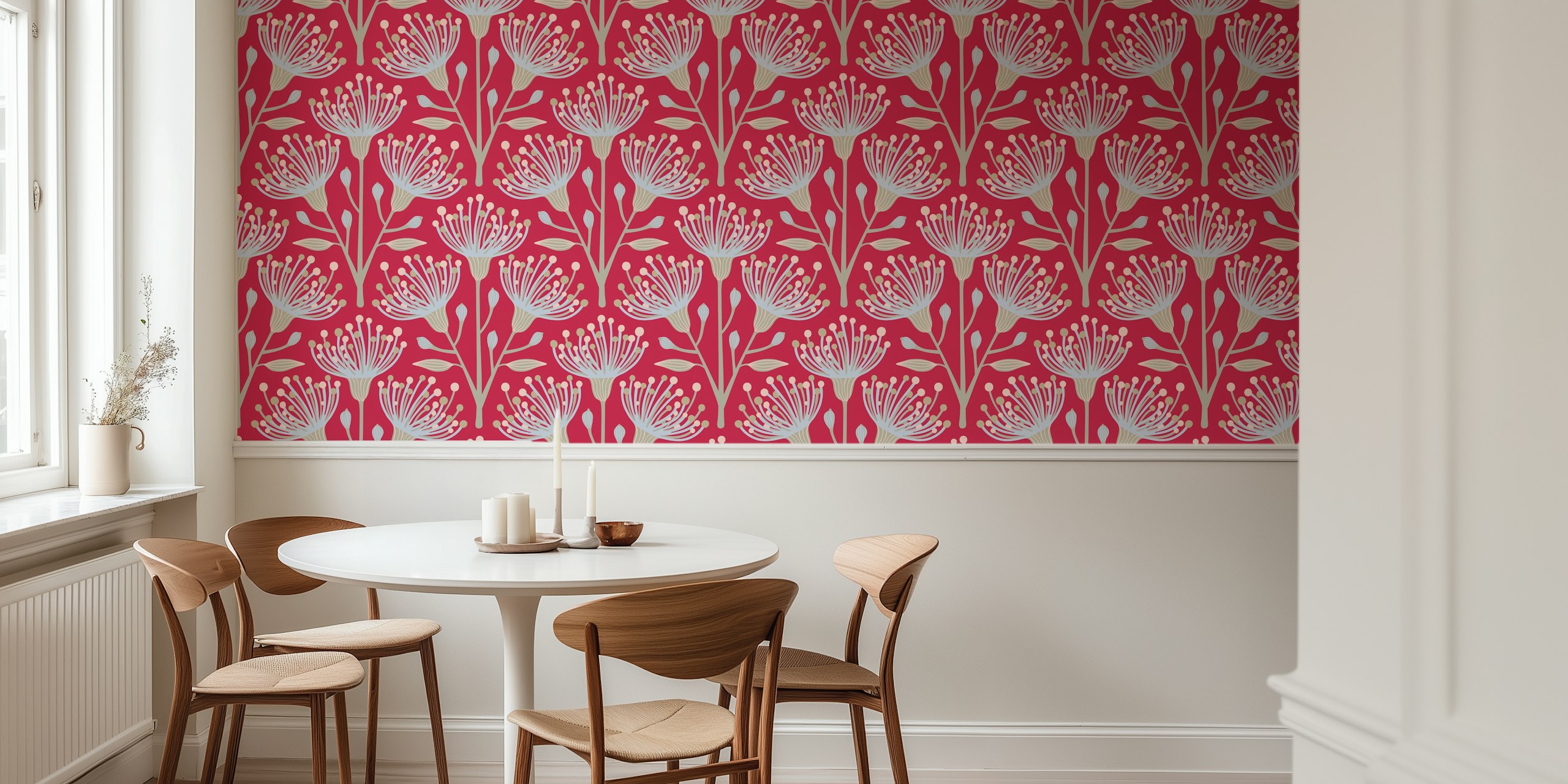 Eucalyptus floral design with magenta background and decorative soft pastel flowers wallpaper