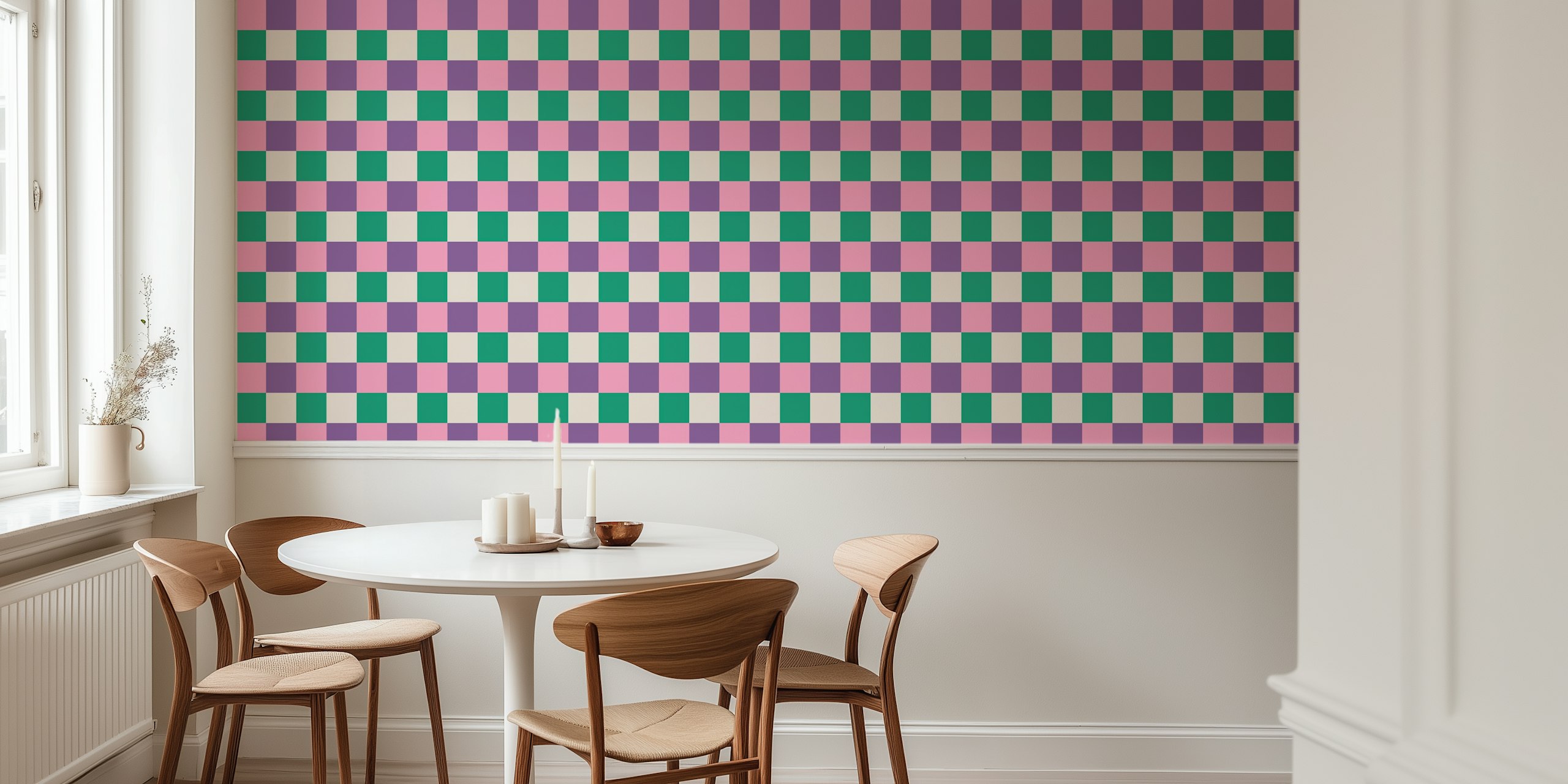 Retro-style checkerboard wall mural with alternating squares of pink, purple, and green