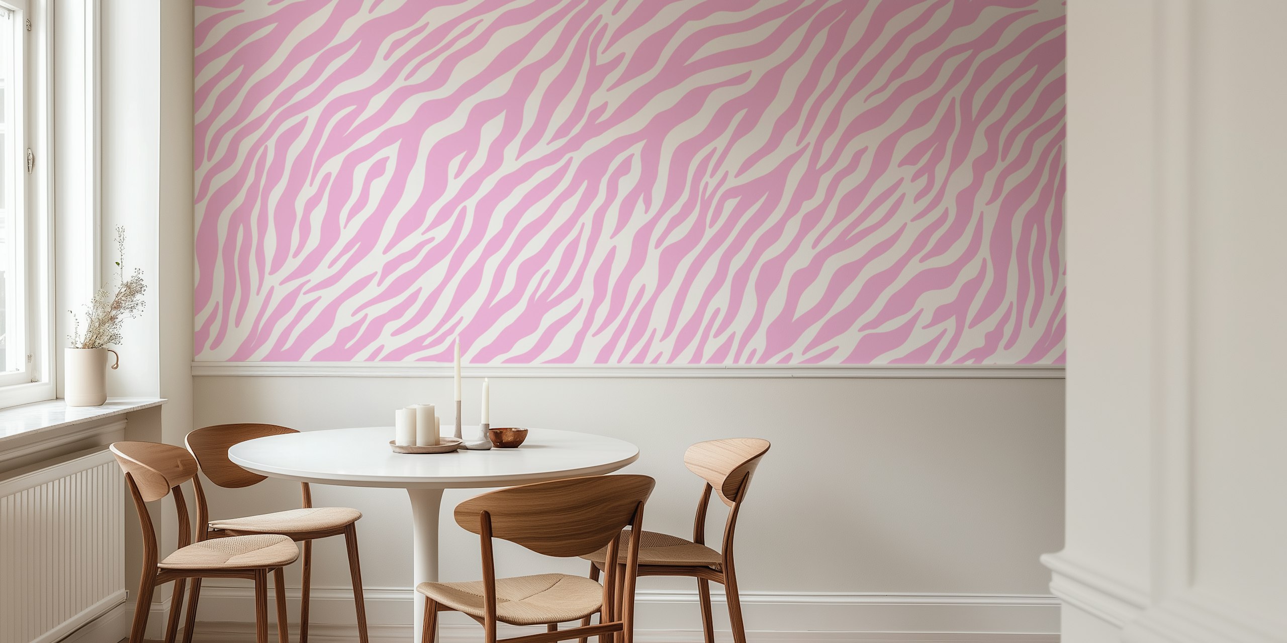 Pastel pink zebra stripes wallpaper in pink and white colors.