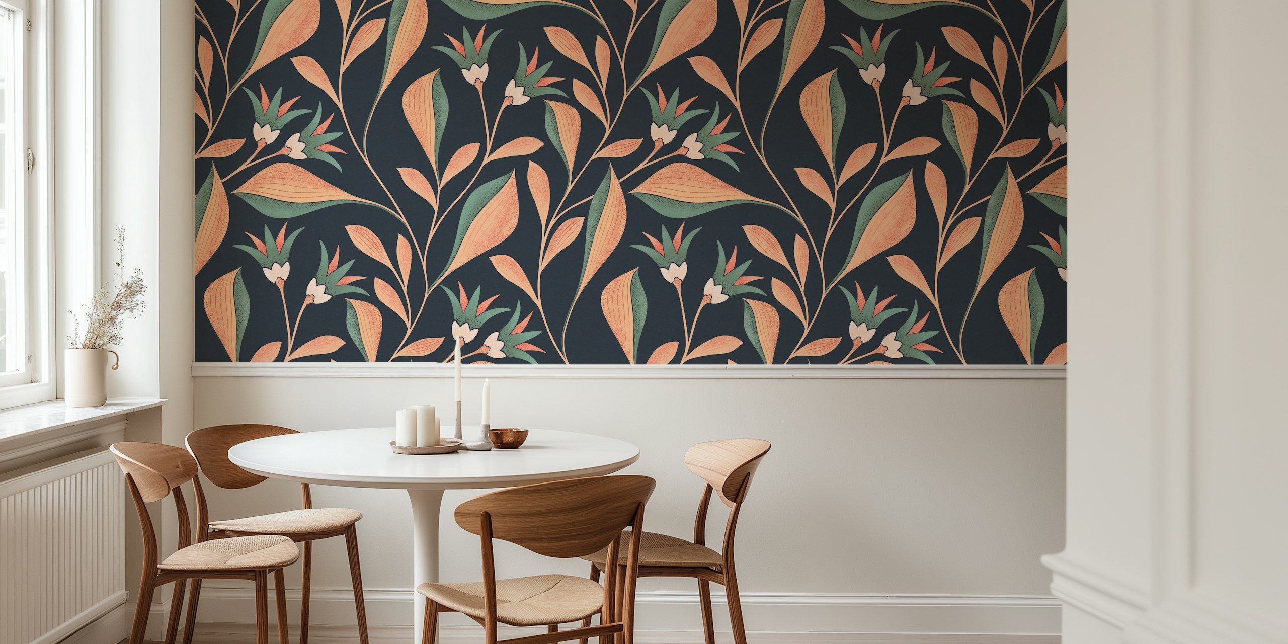 Blumenmuster mit pfirsichfarbenen und grünen Blättern auf dunklem Hintergrund Wallpaper