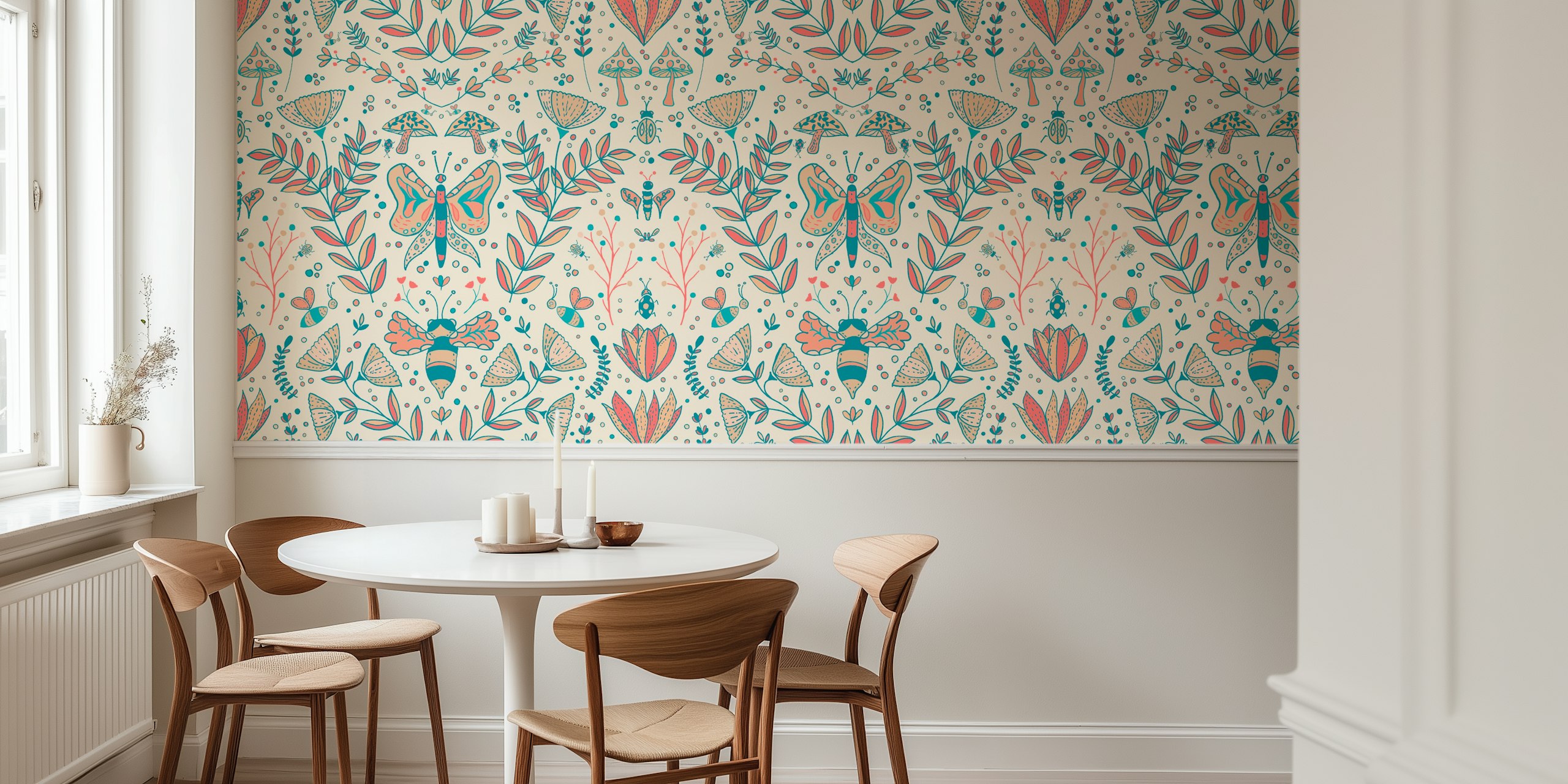 Colorful butterflies, flowers, and insects on cream background wallpaper