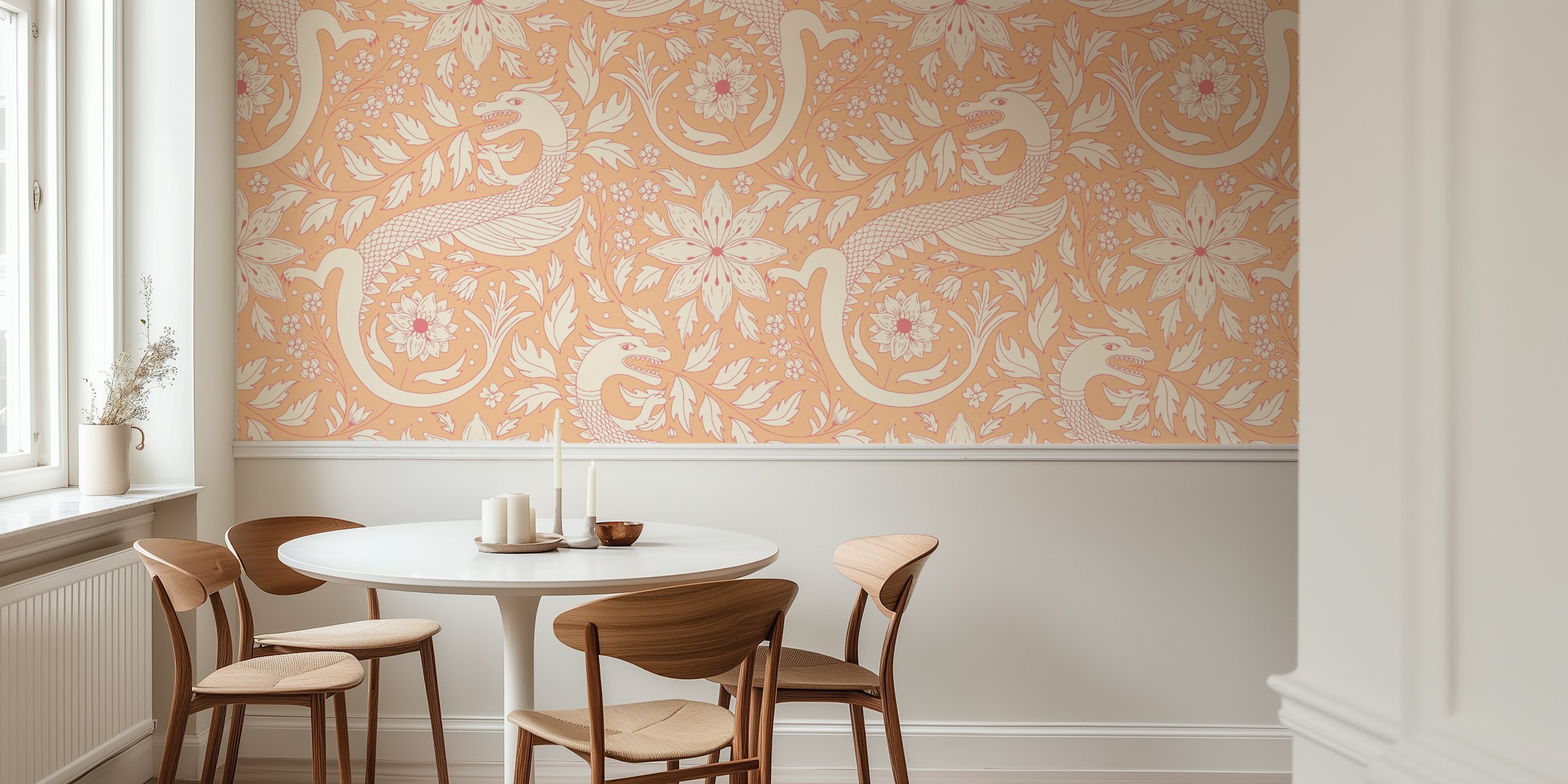 Elegant peach-colored dragons and flowers wall mural