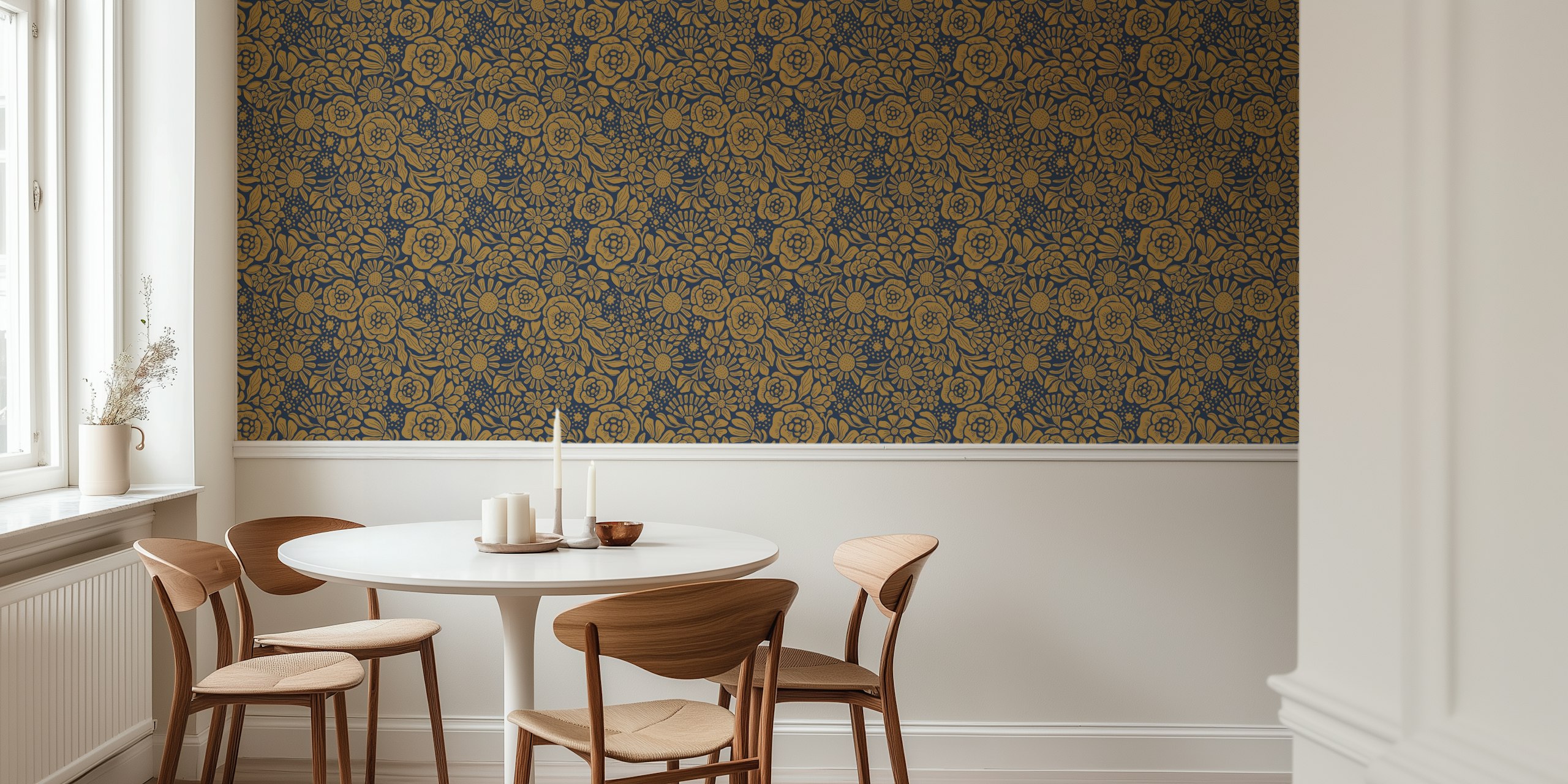 Marineblaues und goldenes Wandbild mit Blumenmuster namens Rita