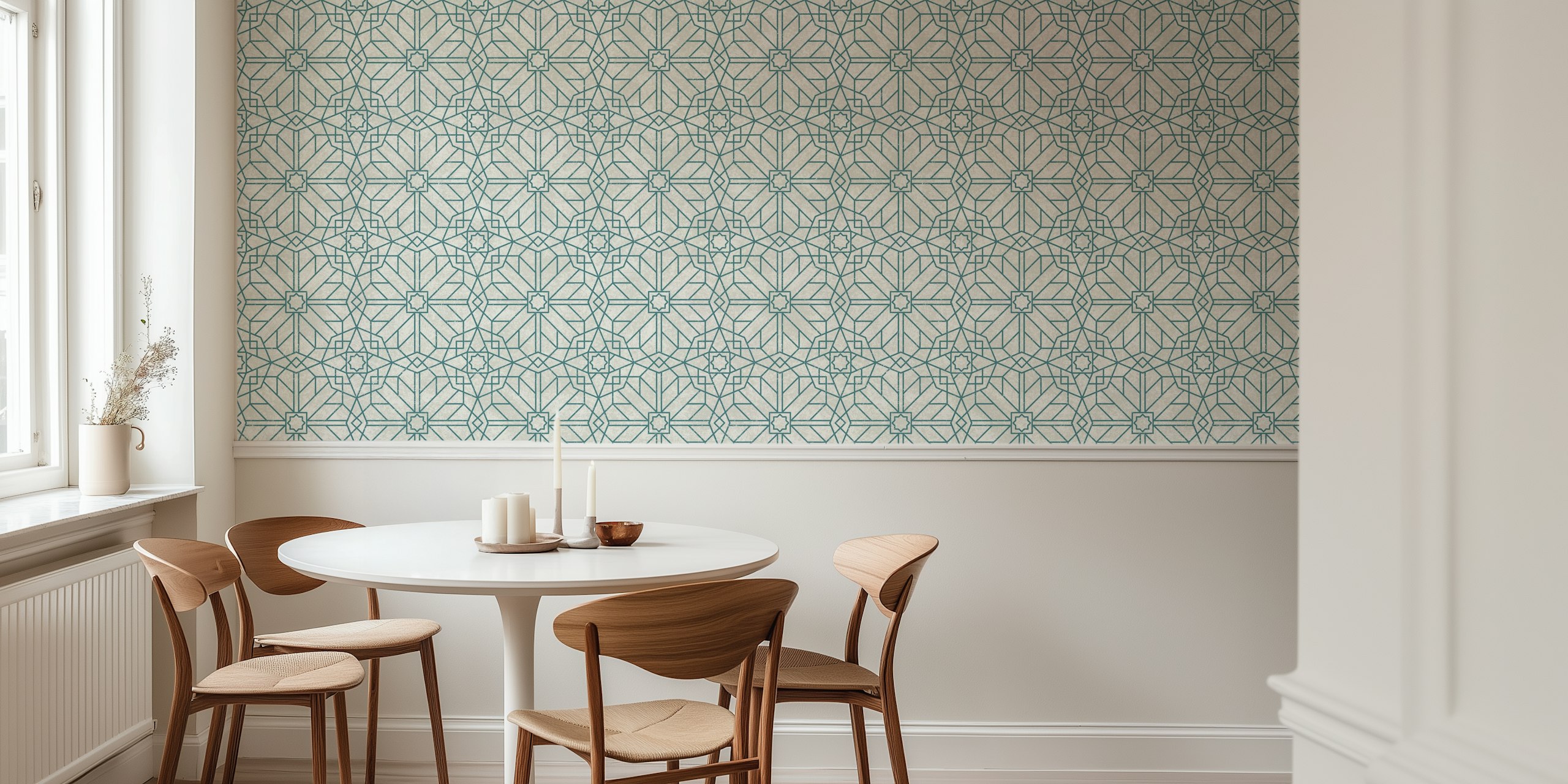 Geometric blue and gray wallpaper in a room