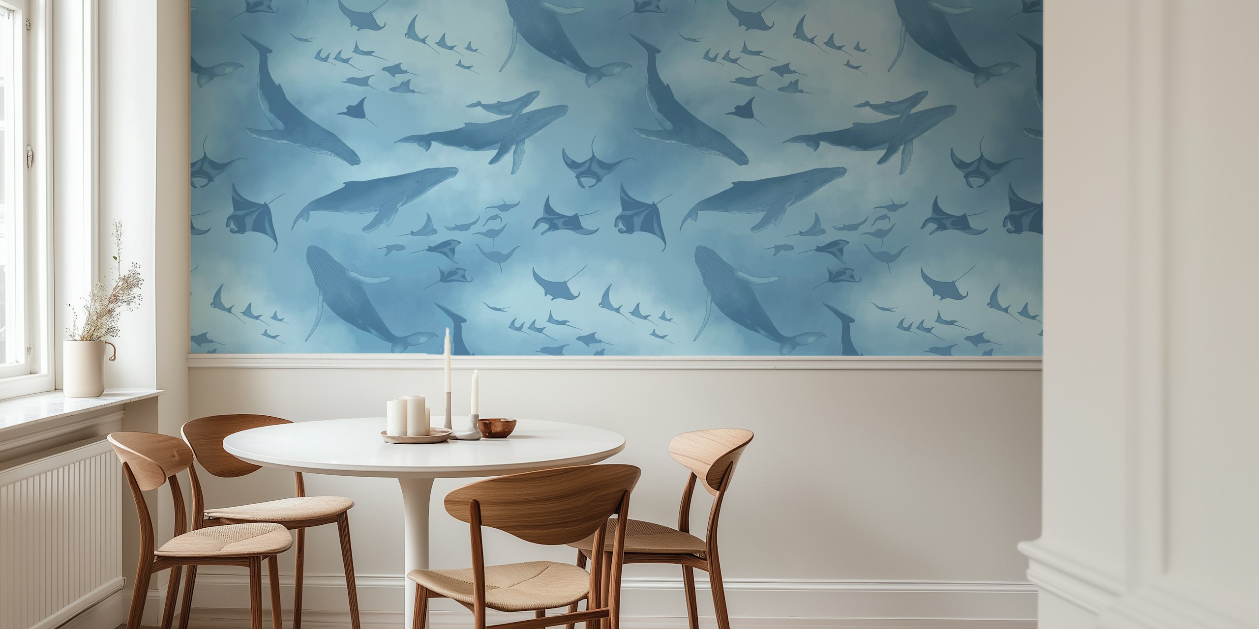 Baby blue ocean-themed wall mural with marine wildlife illustrations