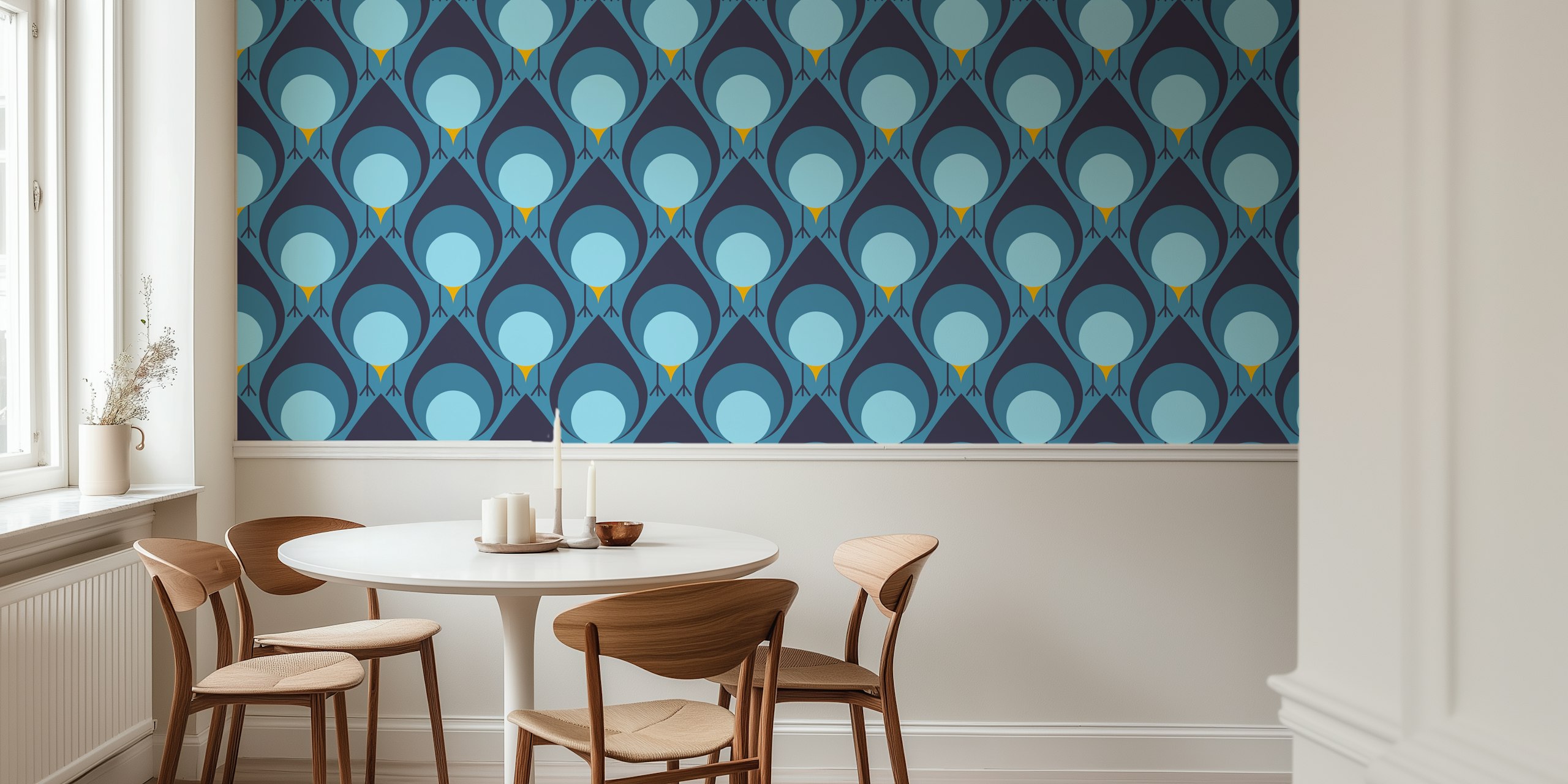 Bleu Birds wallpaper displayed in a room