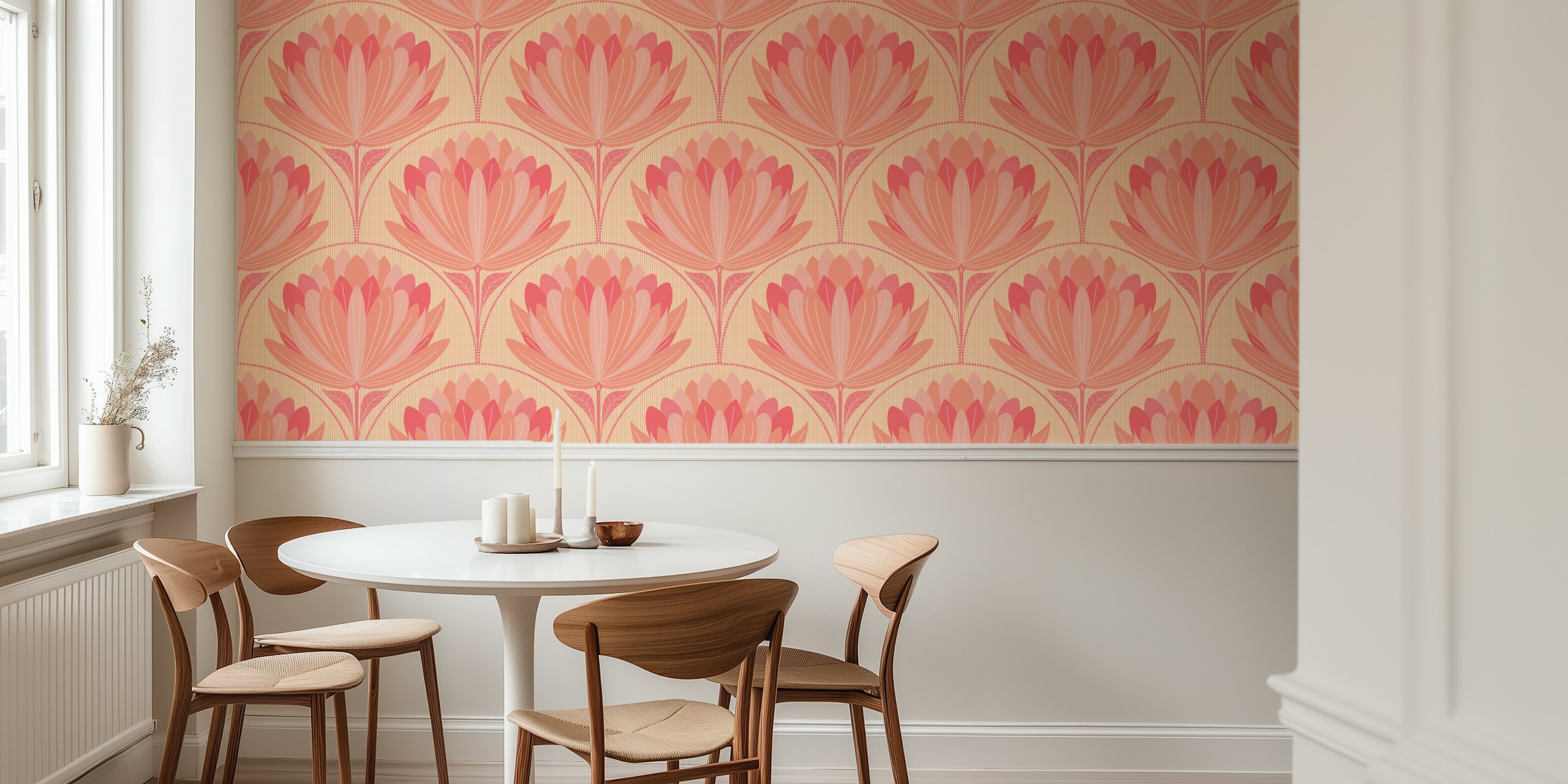 Carta da parati Peach Lotus con coralli e fiori color pesca su uno sfondo con motivi delicati