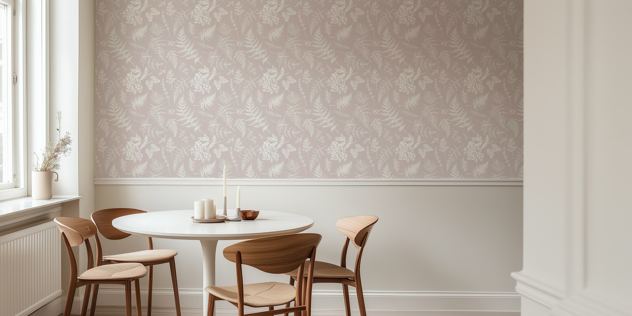 Delicate white floral patterns on soft grey wallpaper