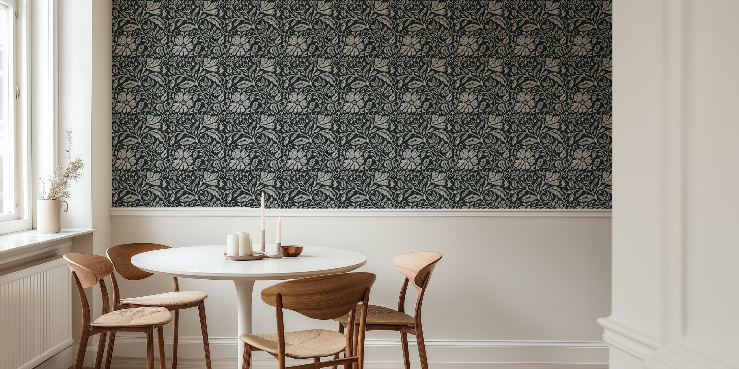 Block print floral wallpaper in a room