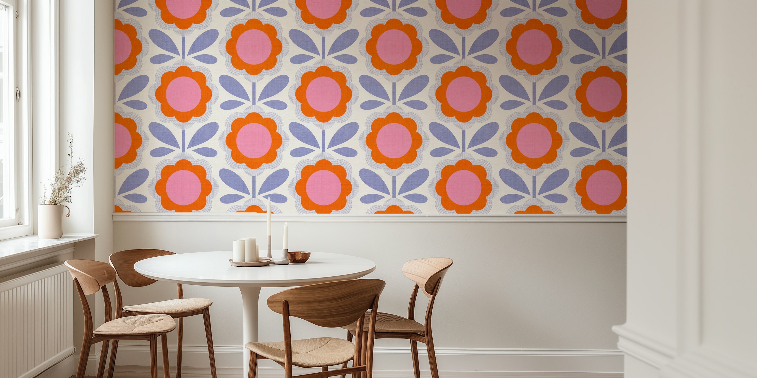 Retro daisy flowers wallpaper in a room