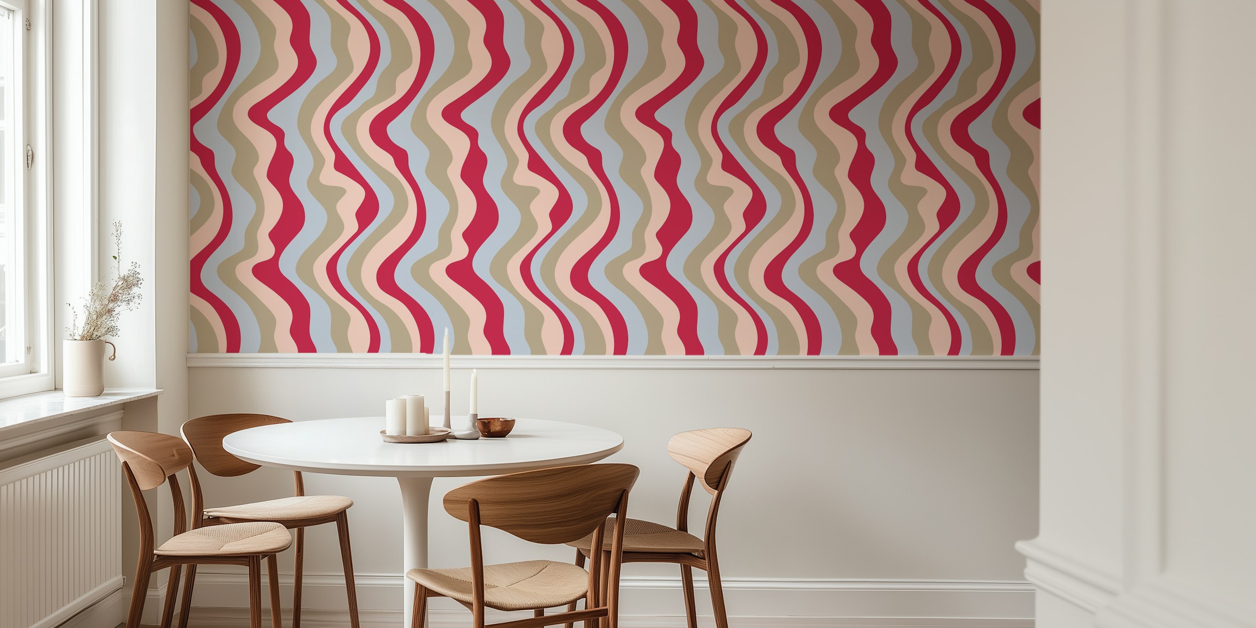 Wavy stripes in magenta red, beige, and blue wallpaper
