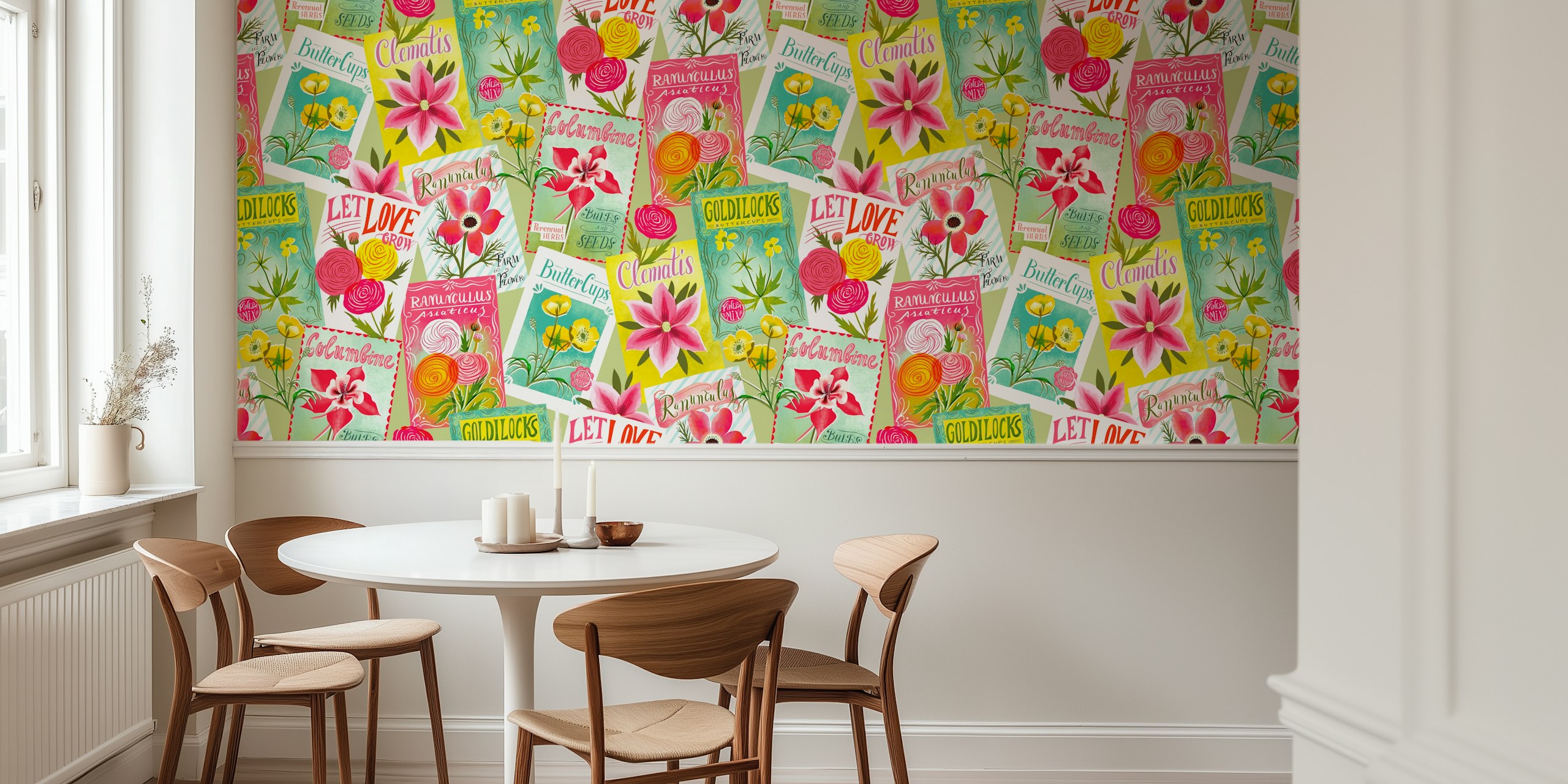 Vintage seed packets wallpaper design in a room