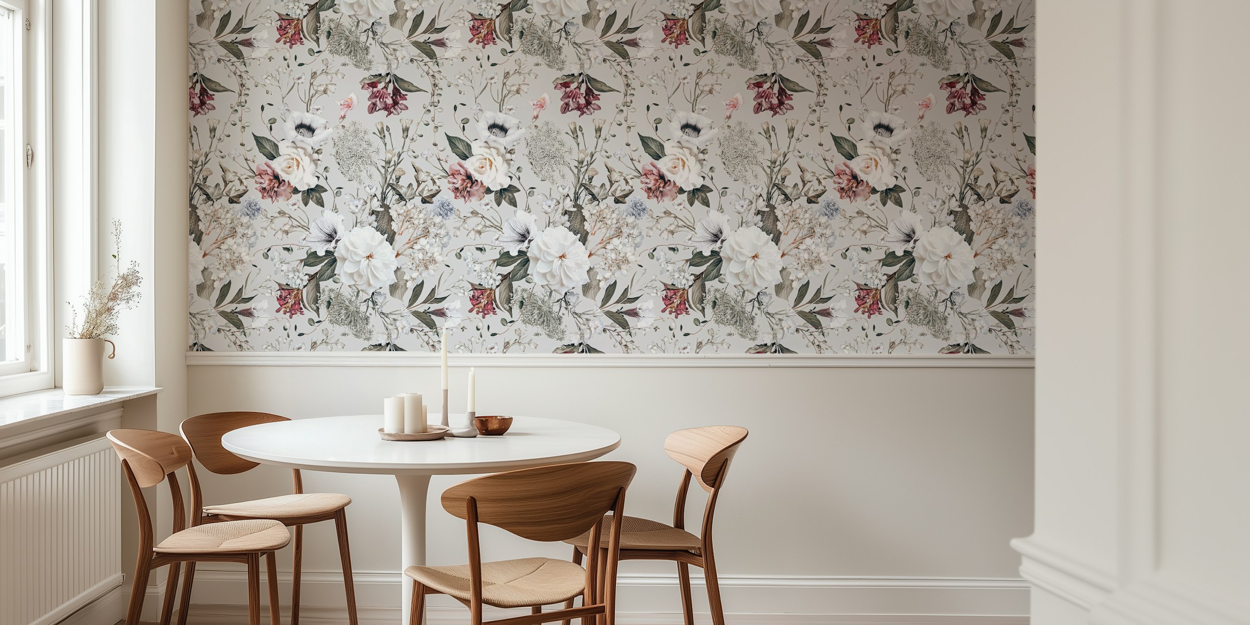 Floral motifs in soft pastels with green leaves wallpaper