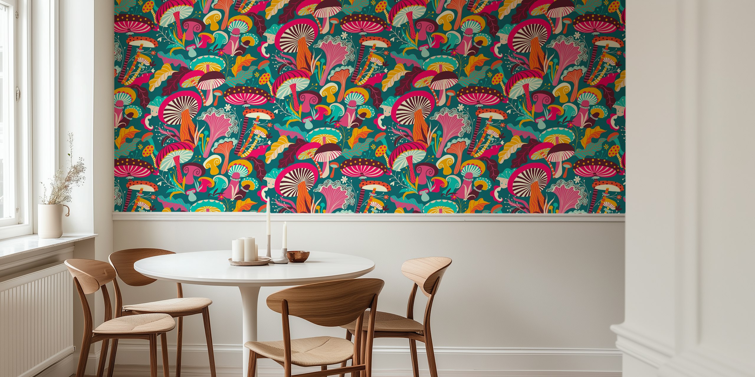 Colorful mushrooms and flowers pattern wallpaper
