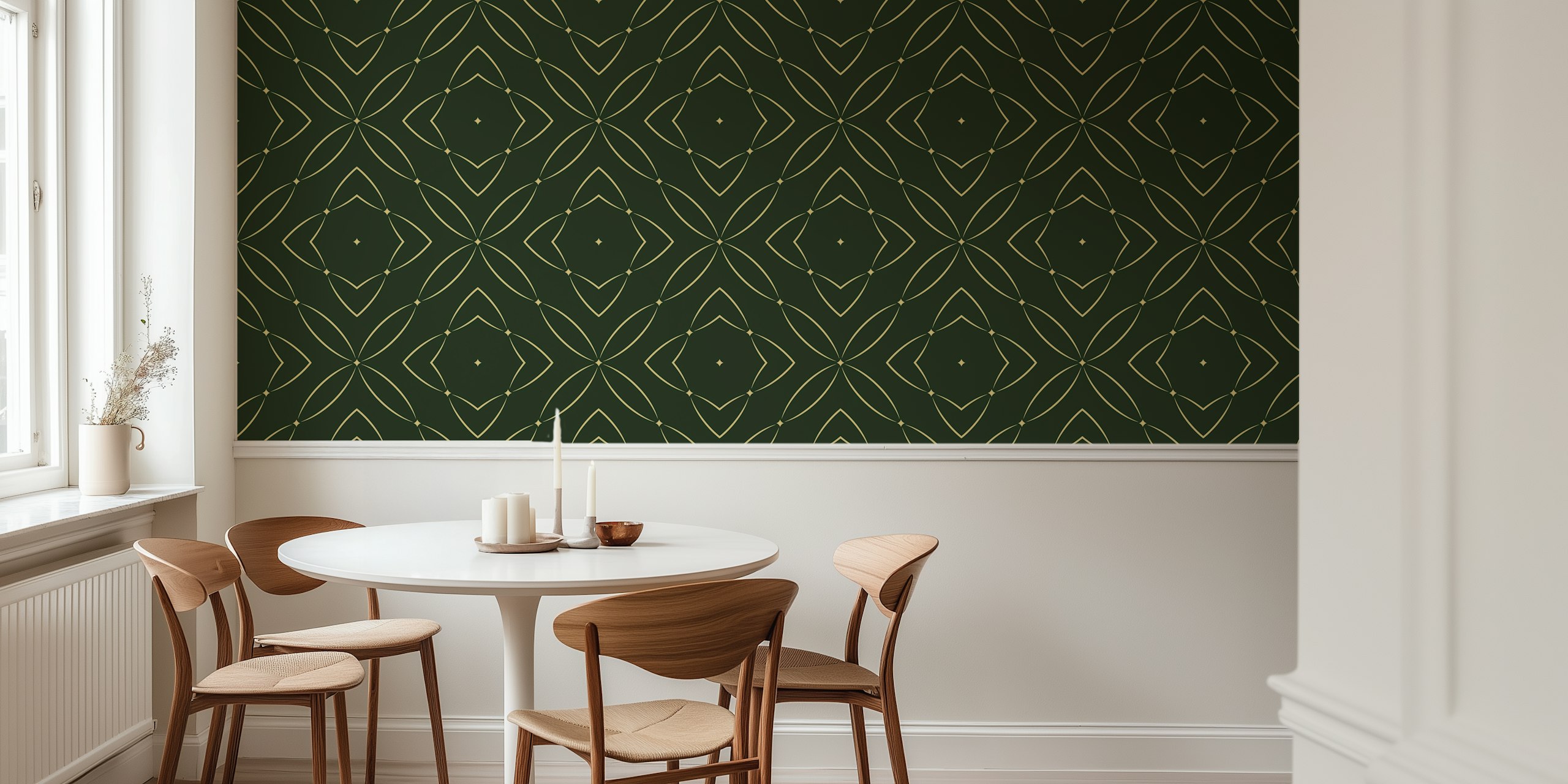 Vintage geometric design in green and gold wallpaper