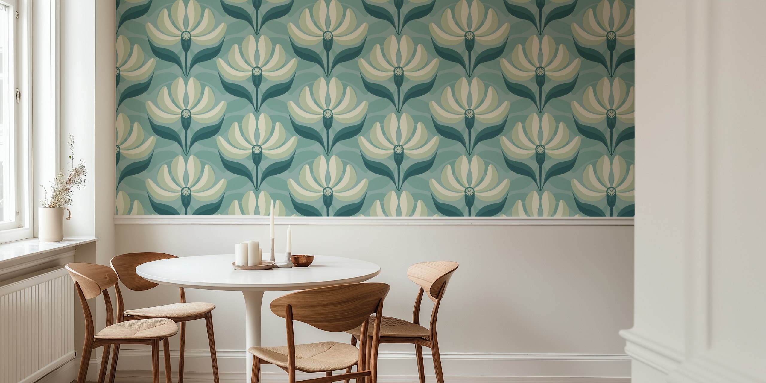 Geometric floral pattern wall mural in ice blue and teal colors, with a retro design