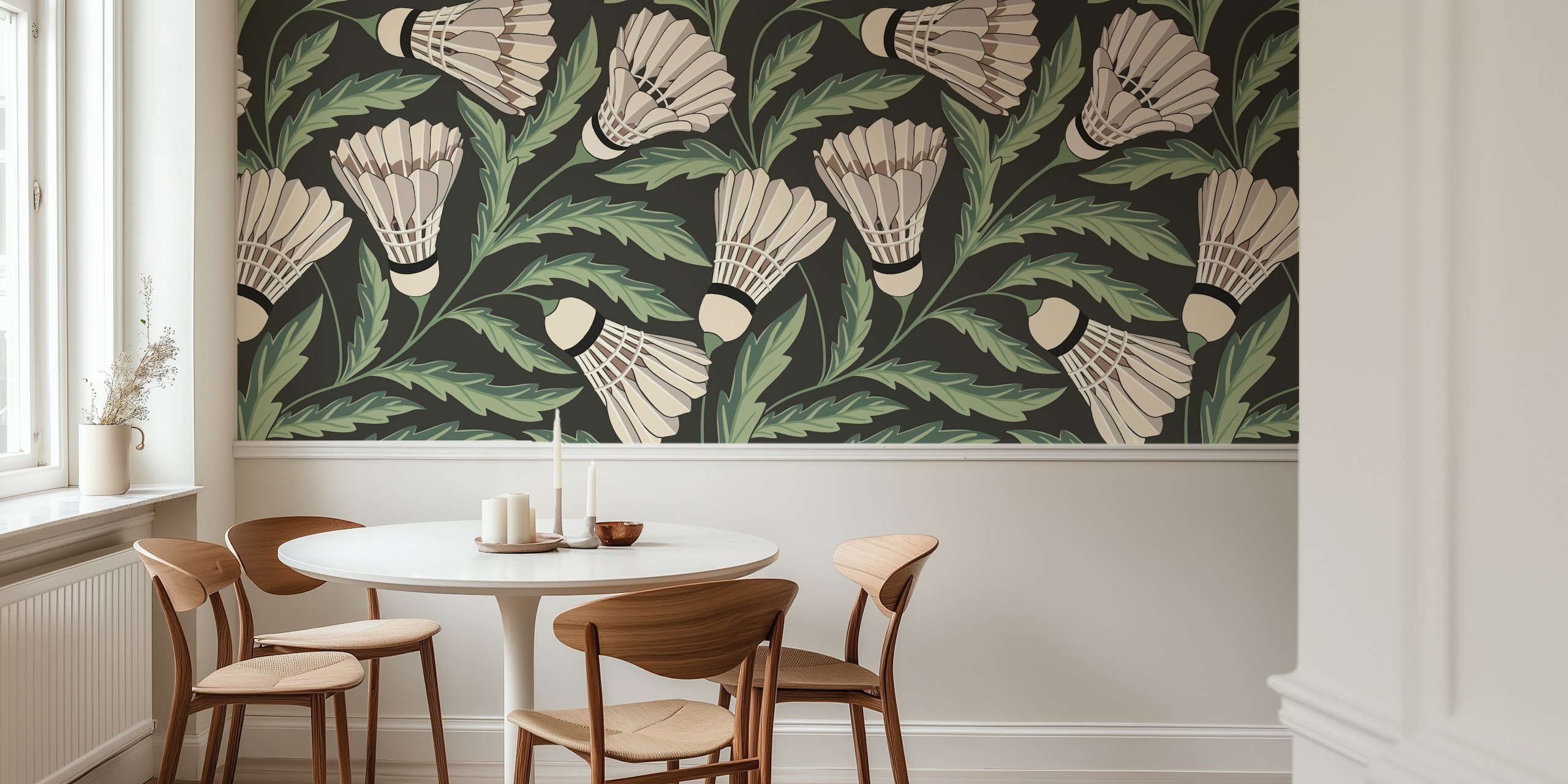 Whimsical badminton plants wallpaper in a room