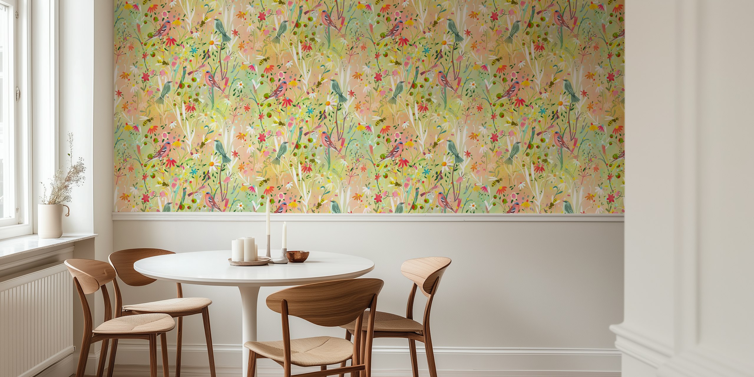 Tapet med pastel meadow, busy bees + birds