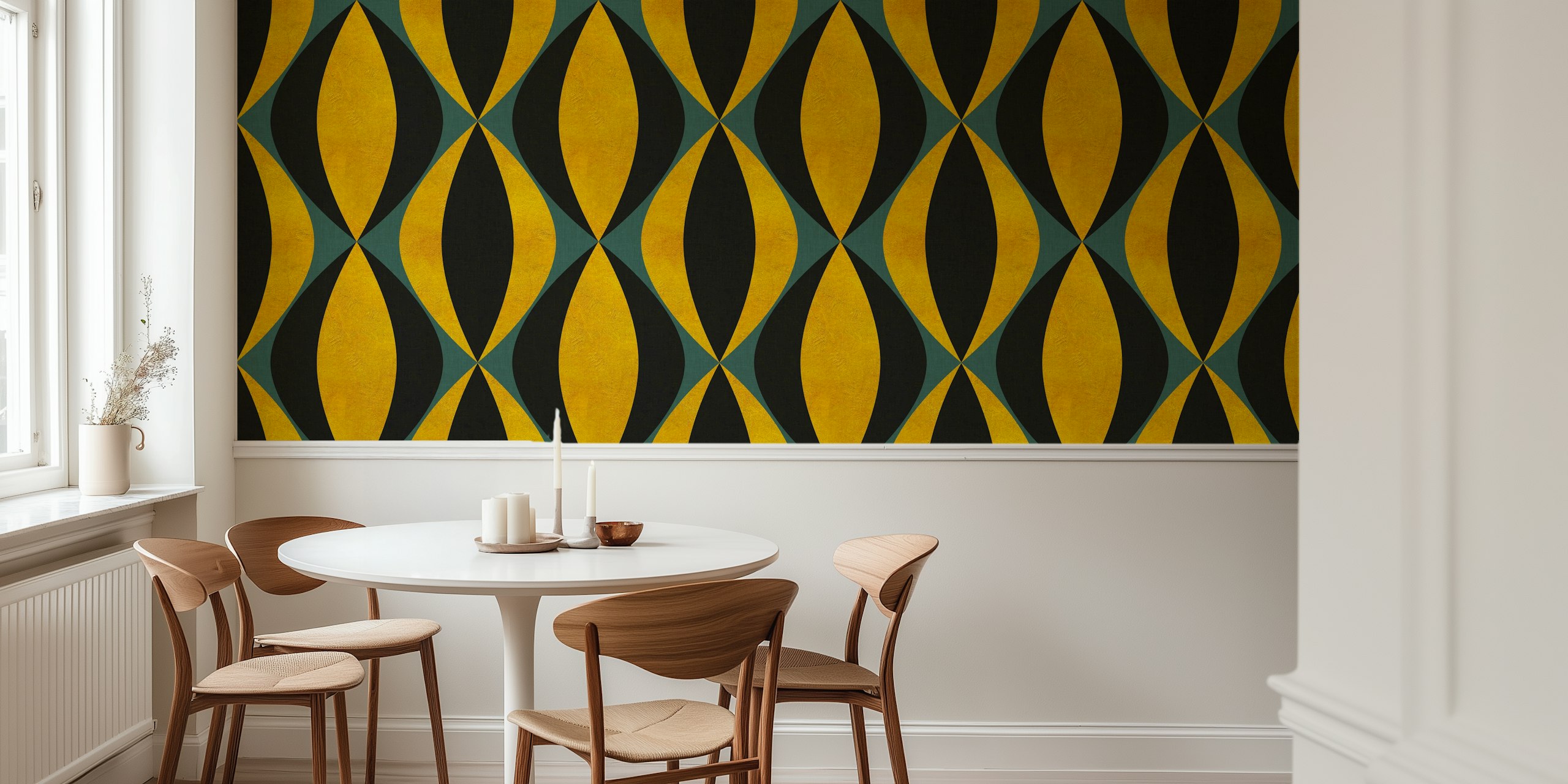 Gold geometric shapes with black and teal accents wallpaper