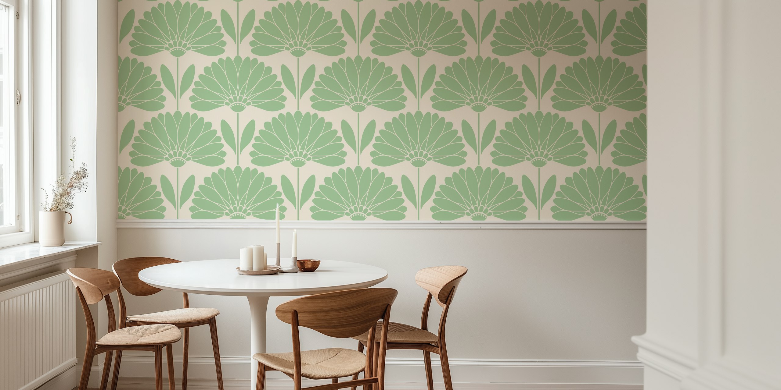 Green floral wallpaper with large beige daisies and leaves