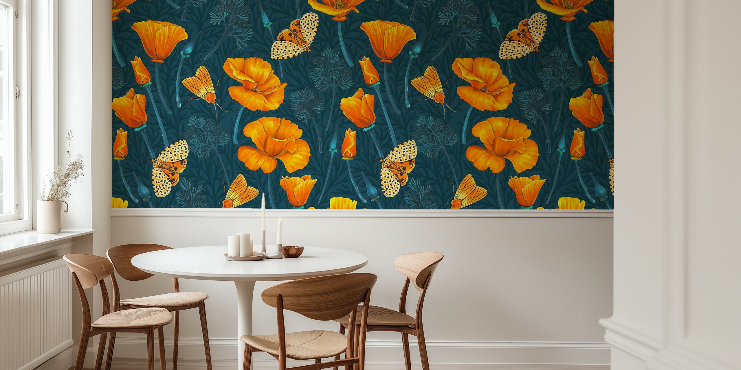 California poppies and moths wallpaper in a room