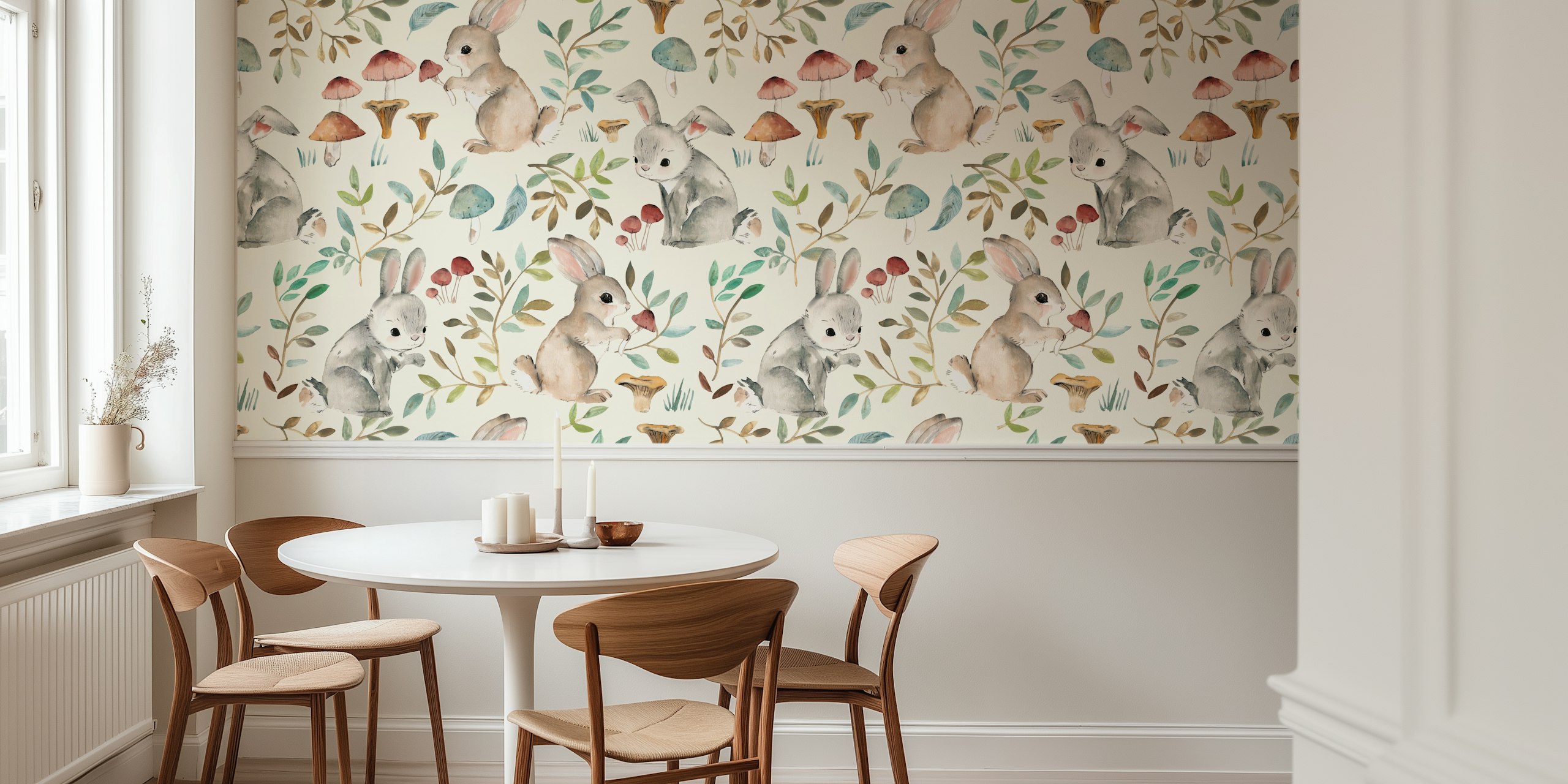 Bunnies surrounded by mushrooms wallpaper